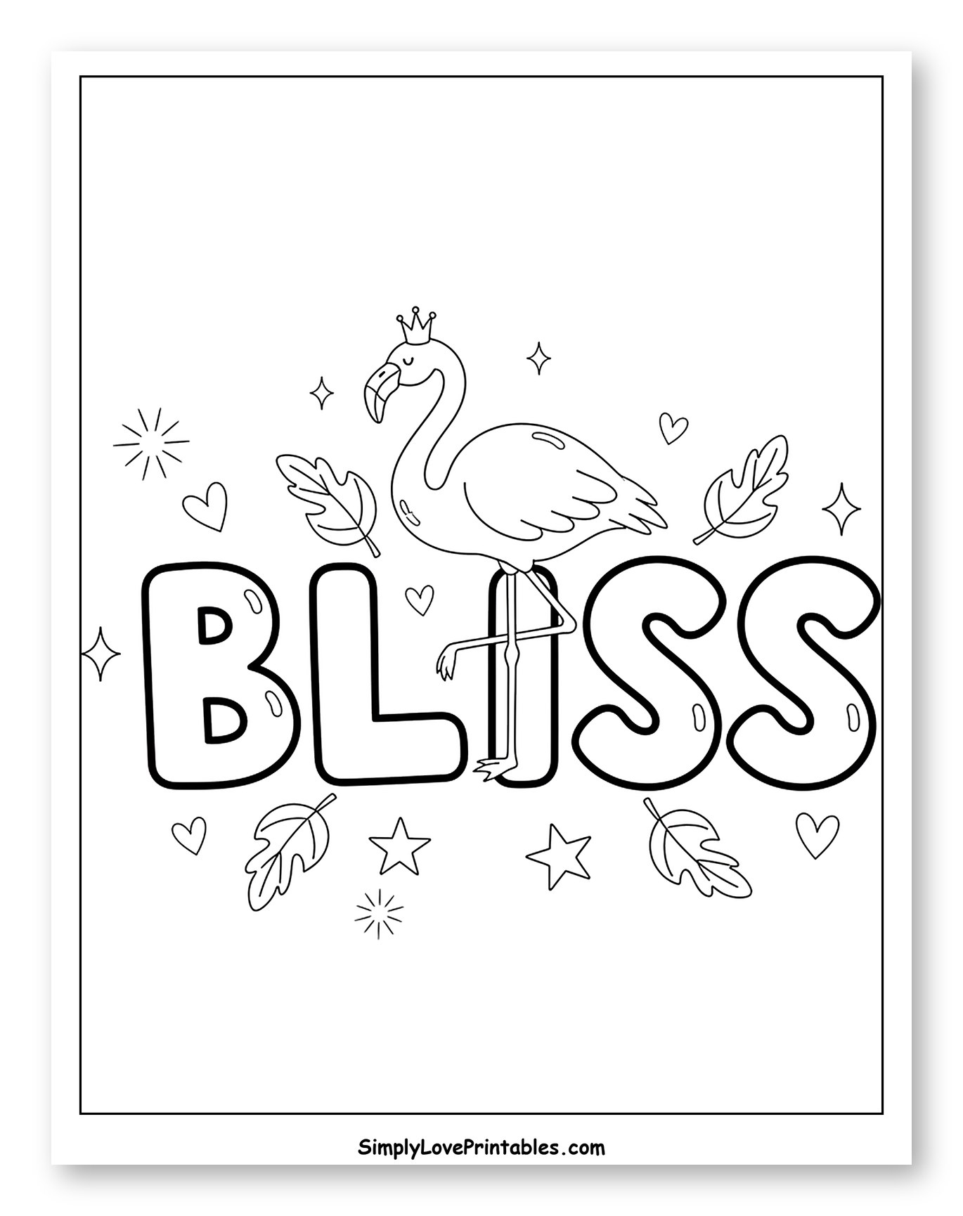 Crowned Flamingo with Bliss Lettering Coloring Page for Adults