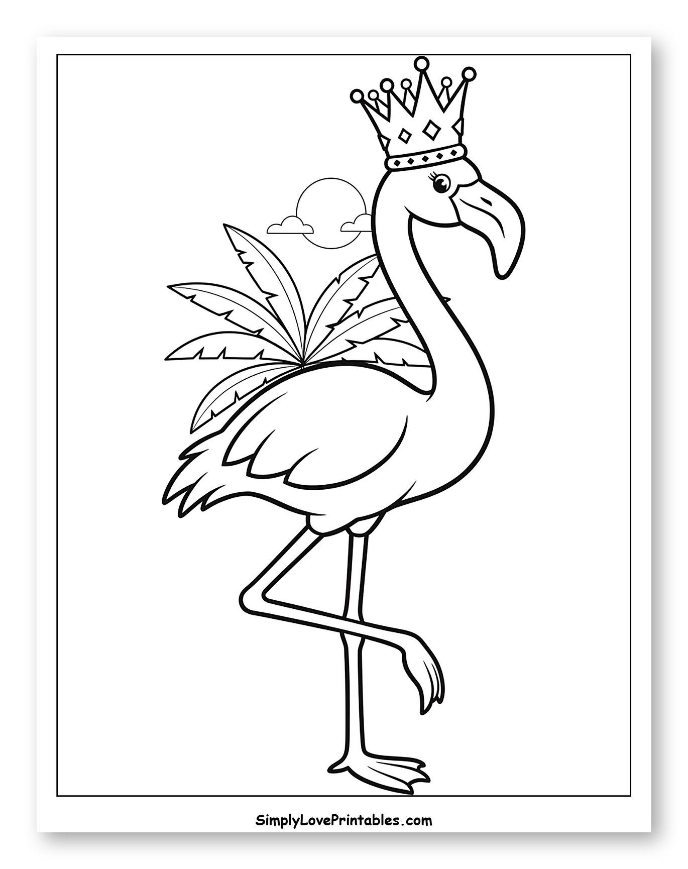 Crowned Flamingo with Palm Leaves and Sun to Color for Toddlers