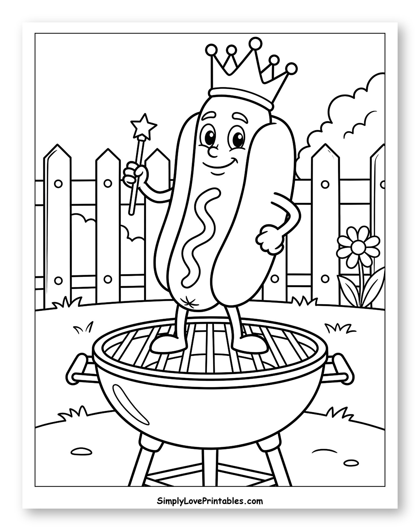 Crowned Hot Dog with a Magic Wand on a Grill Coloring Page for Kids
