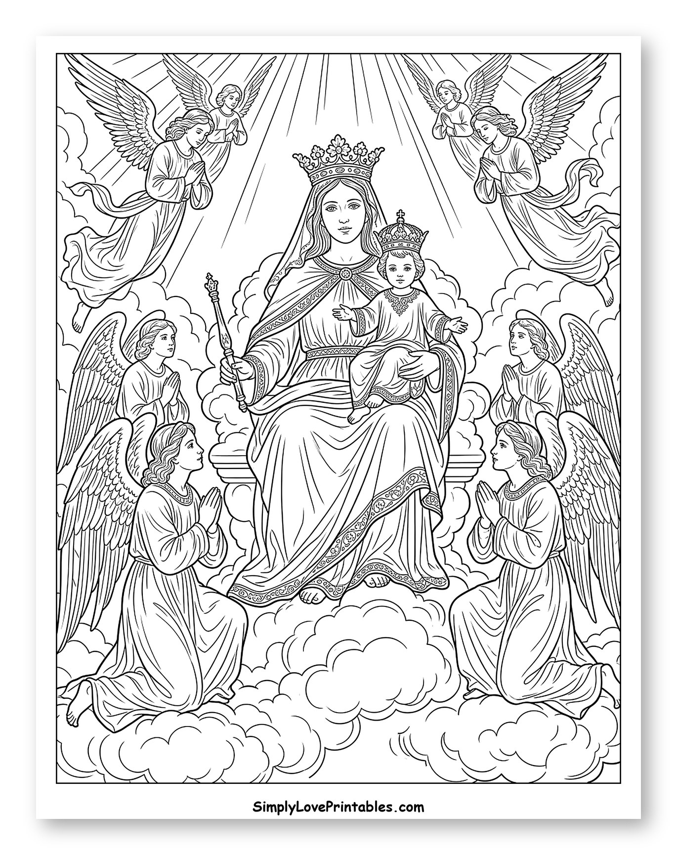 Crowned Virgin Mary and Baby Jesus with Angels Coloring Page