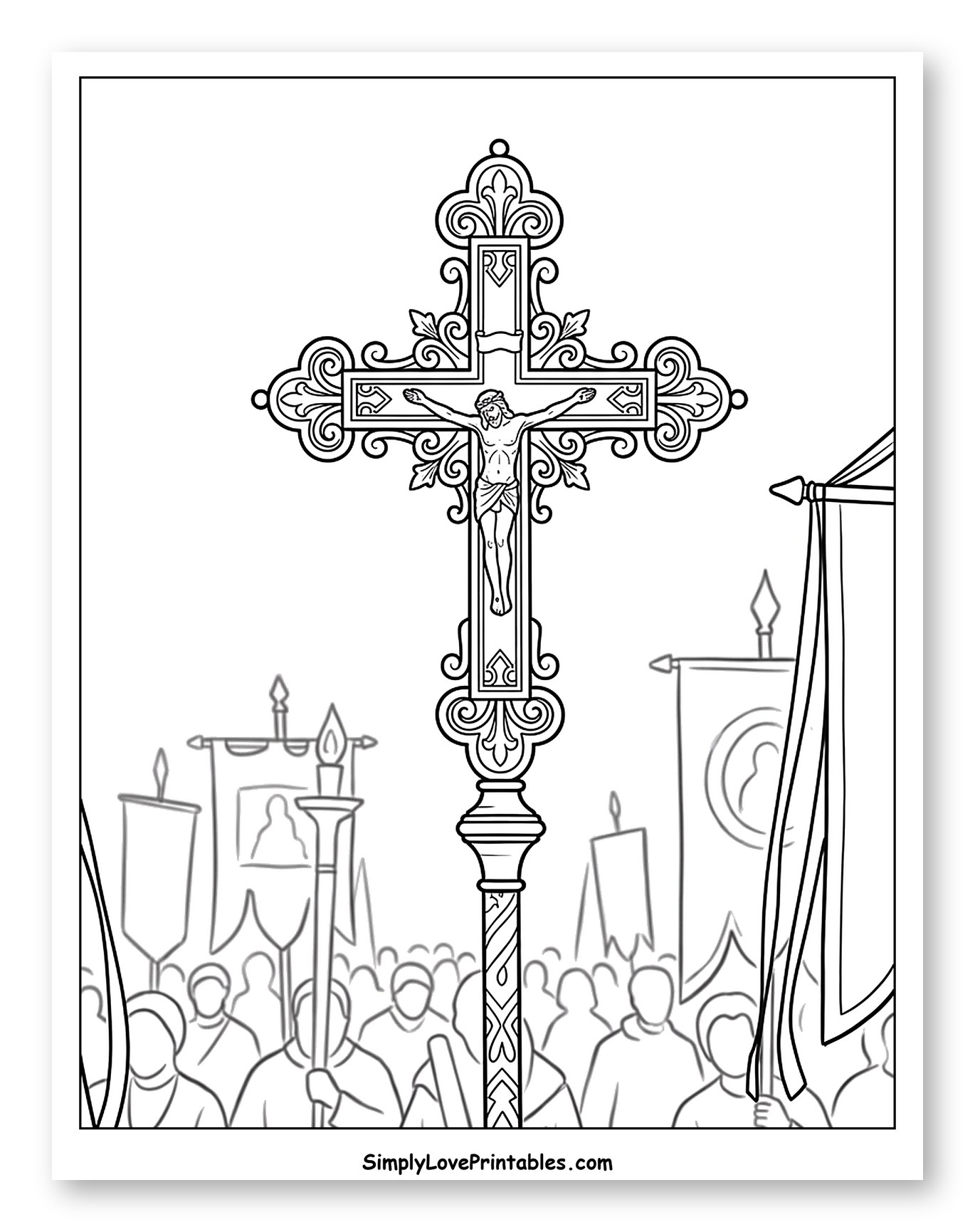 Crucifix and Procession with Religious Flags Coloring Page