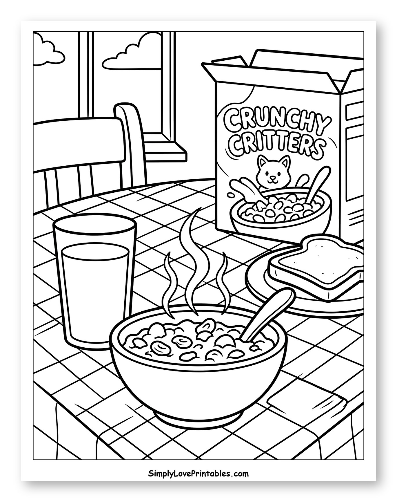 Crunchy Critters Cereal Breakfast Scene Coloring Sheet for Kids