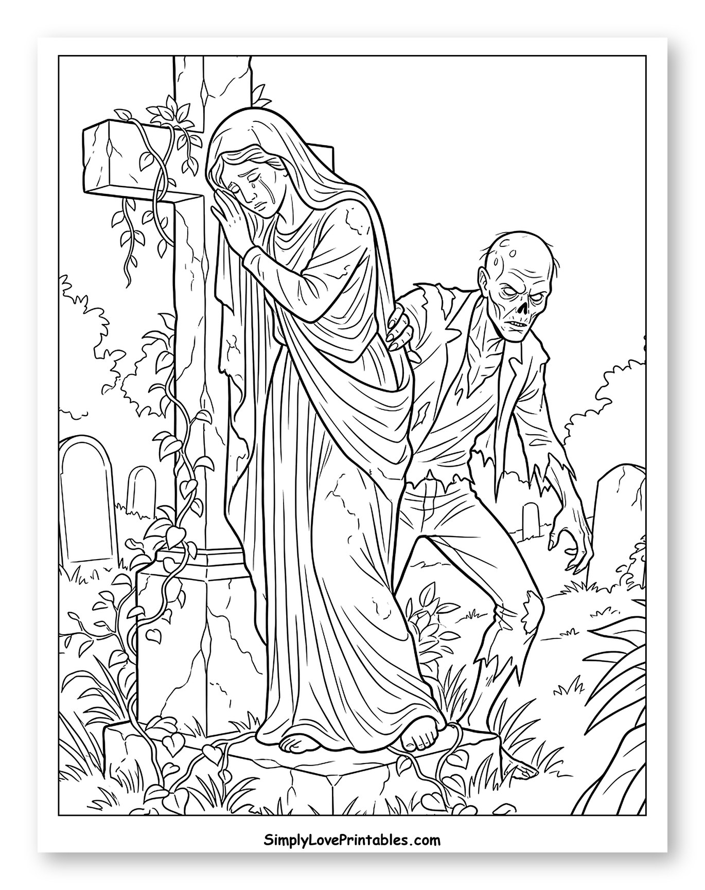 Crying Woman and Zombie in Graveyard Coloring Page