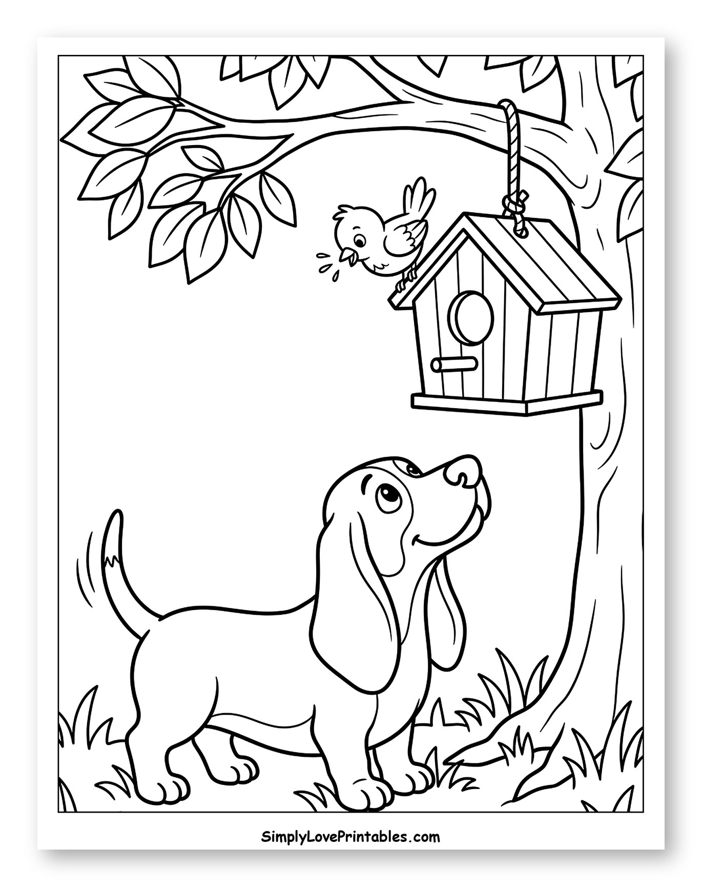Curious Basset Hound Watching Bird on Birdhouse to Color for Kids