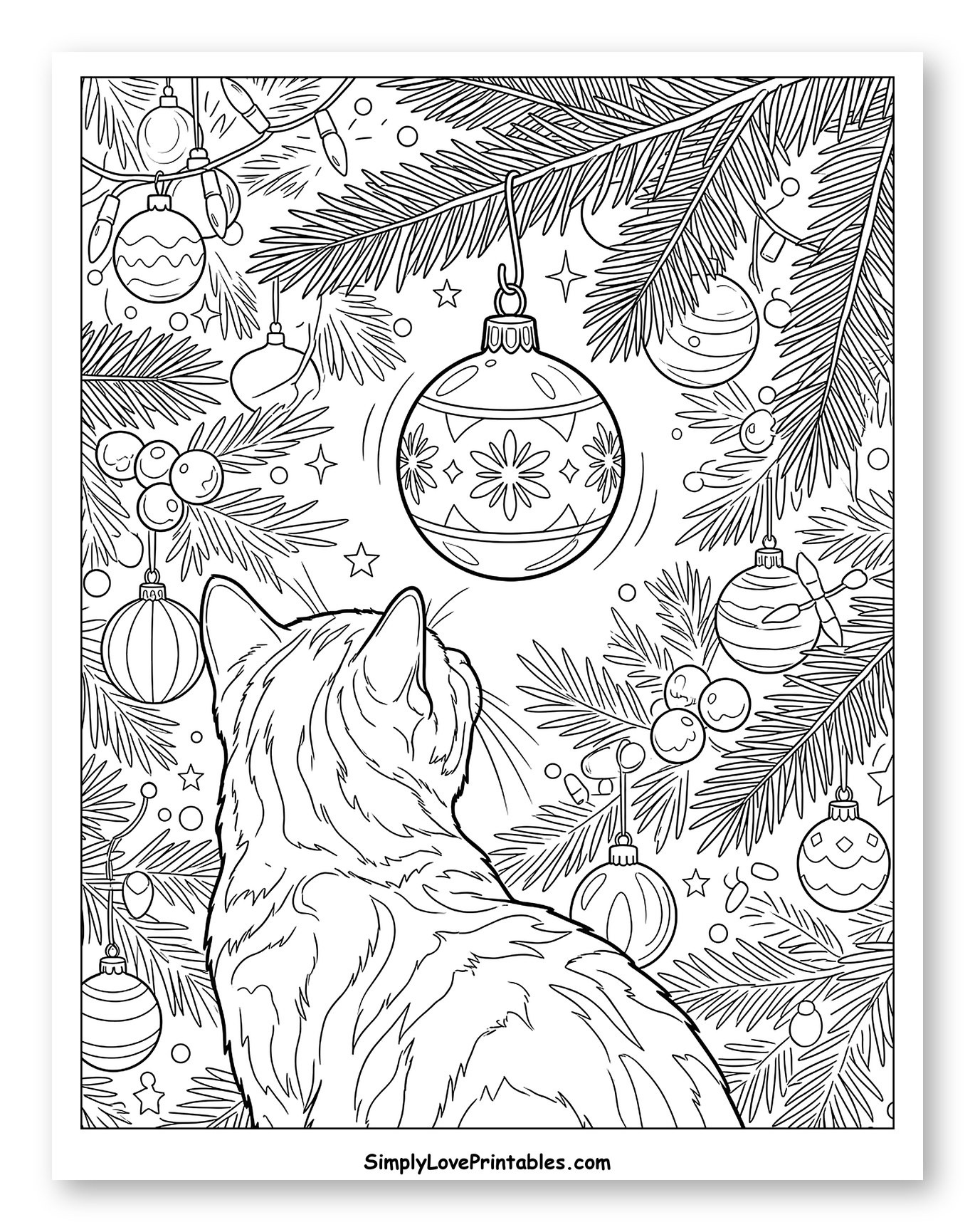 Curious Cat Gazing at Christmas Ornament Coloring Page