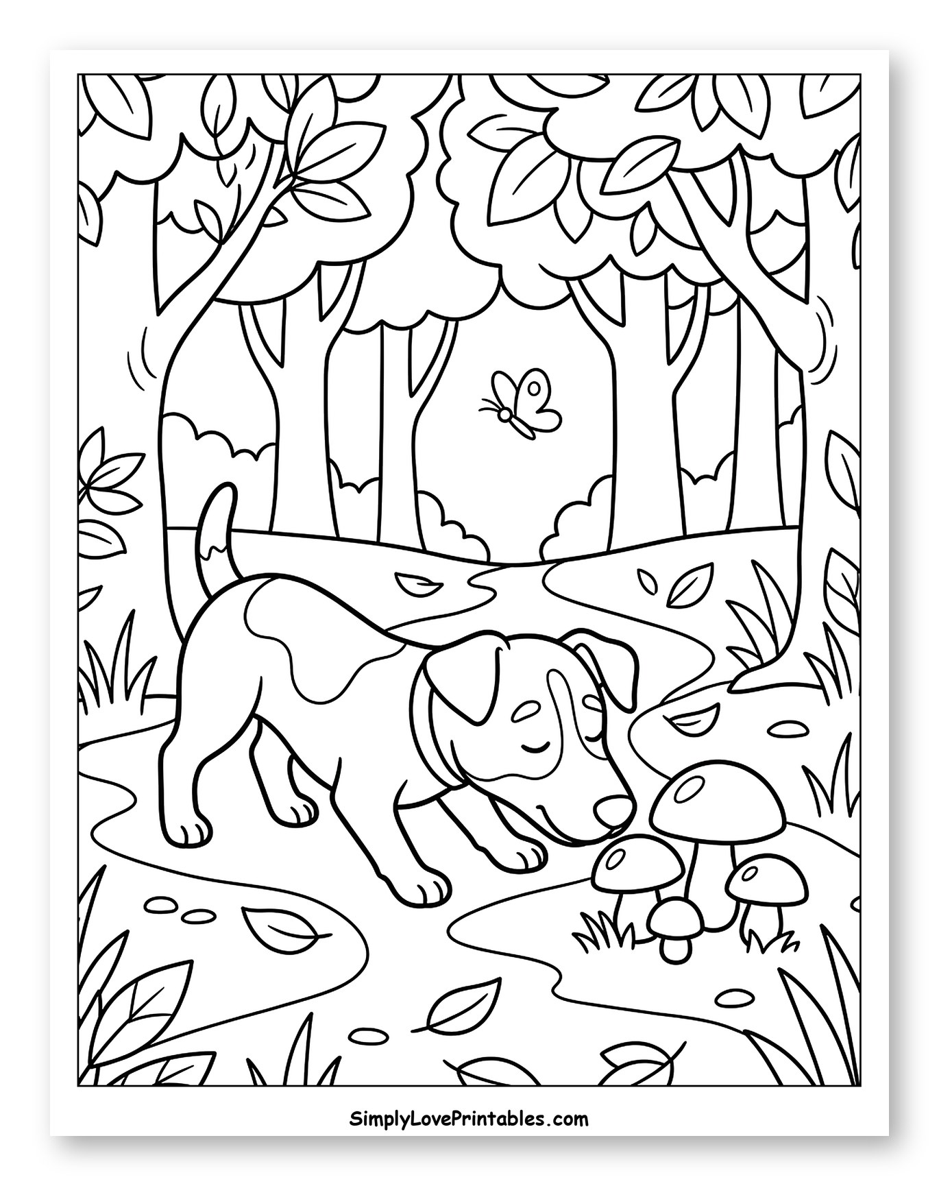 Curious Dog Sniffing Mushrooms in Forest to Color for Kids