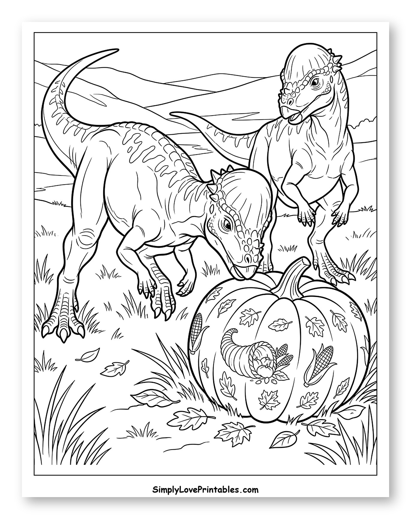Curious Pachycephalosaurus Dinosaurs and a Harvest Pumpkin Coloring Page