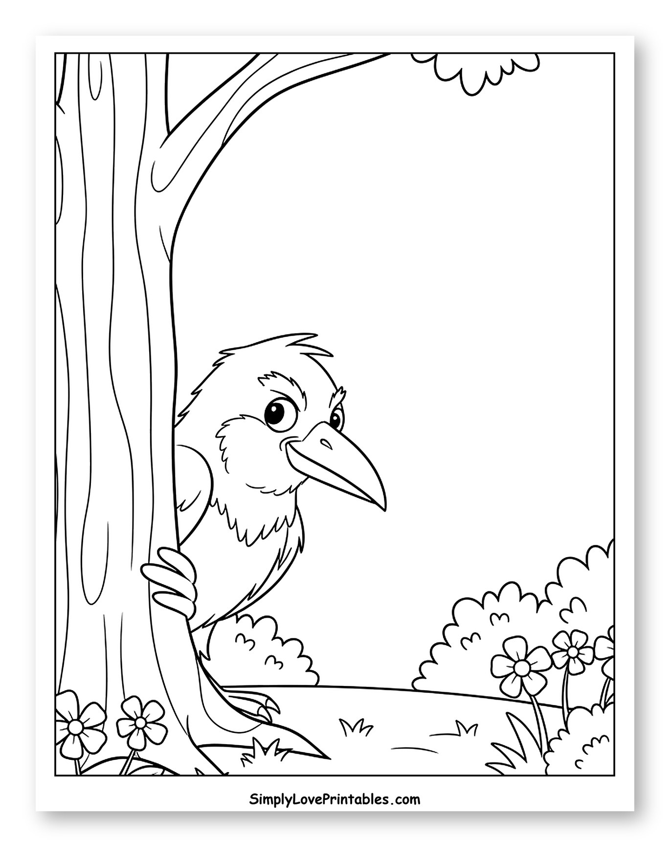 Curious Raven Peeking Behind a Tree to Color for Kids