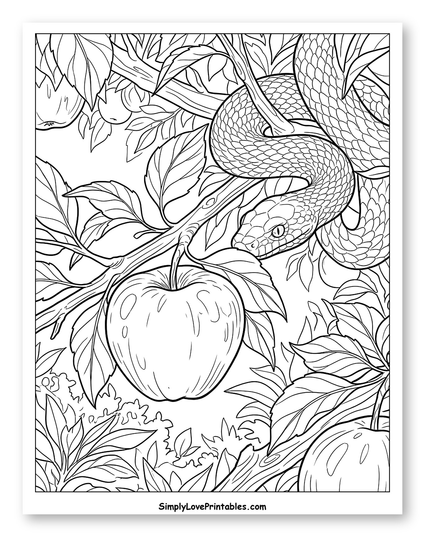 Curious Snake and an Apple in Tree Coloring Sheet