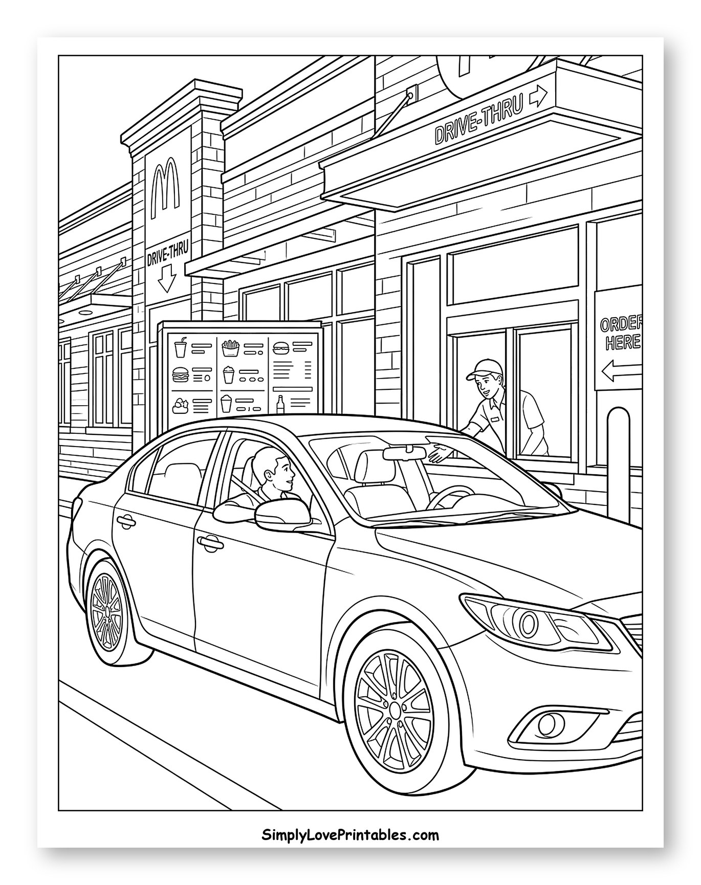 Customer Ordering at a Fast Food Drive-Thru Coloring Sheet