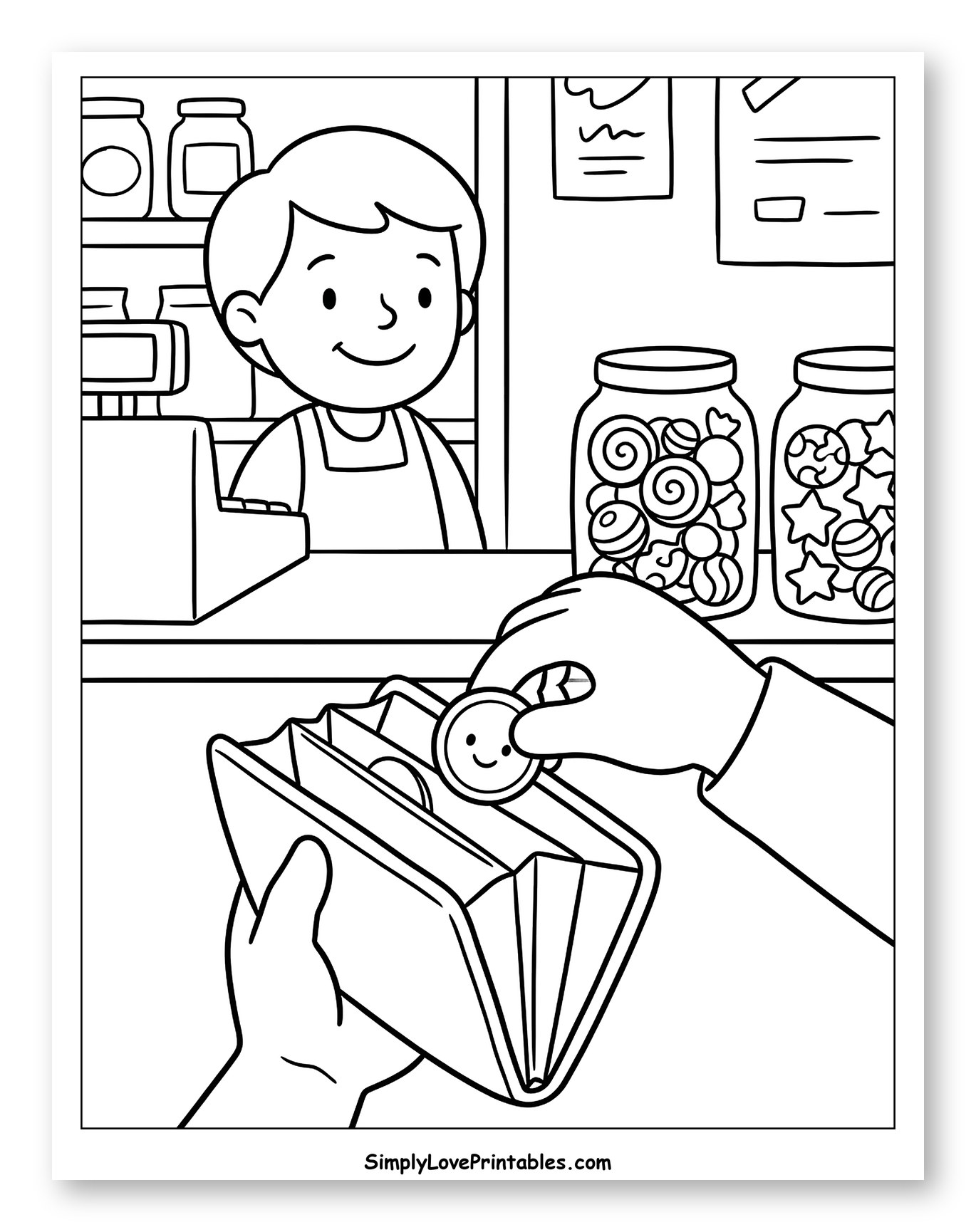 Customer Paying for Candy at Store Coloring Sheet for Kids