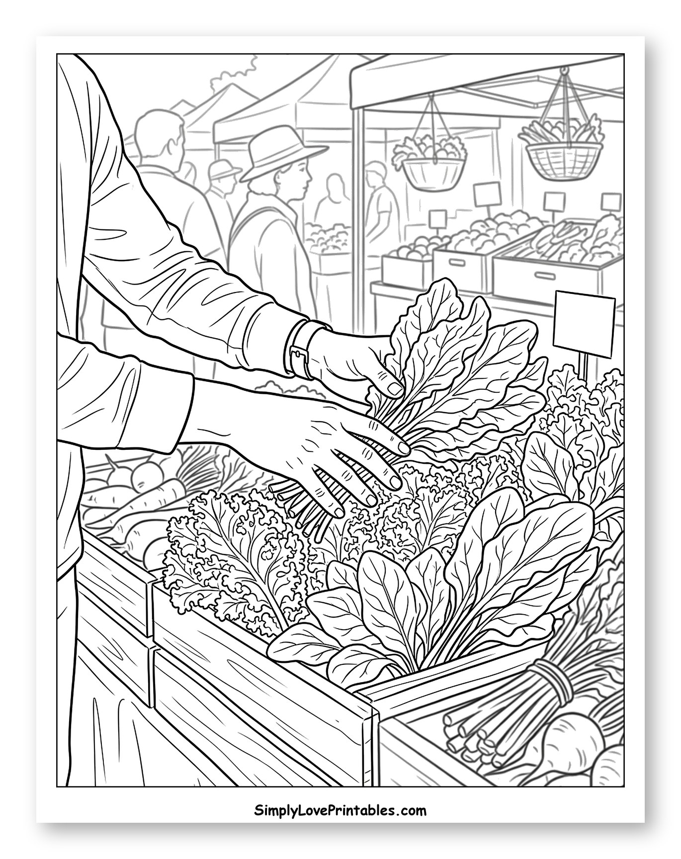 Customer Selecting Fresh Greens at Market Coloring Page