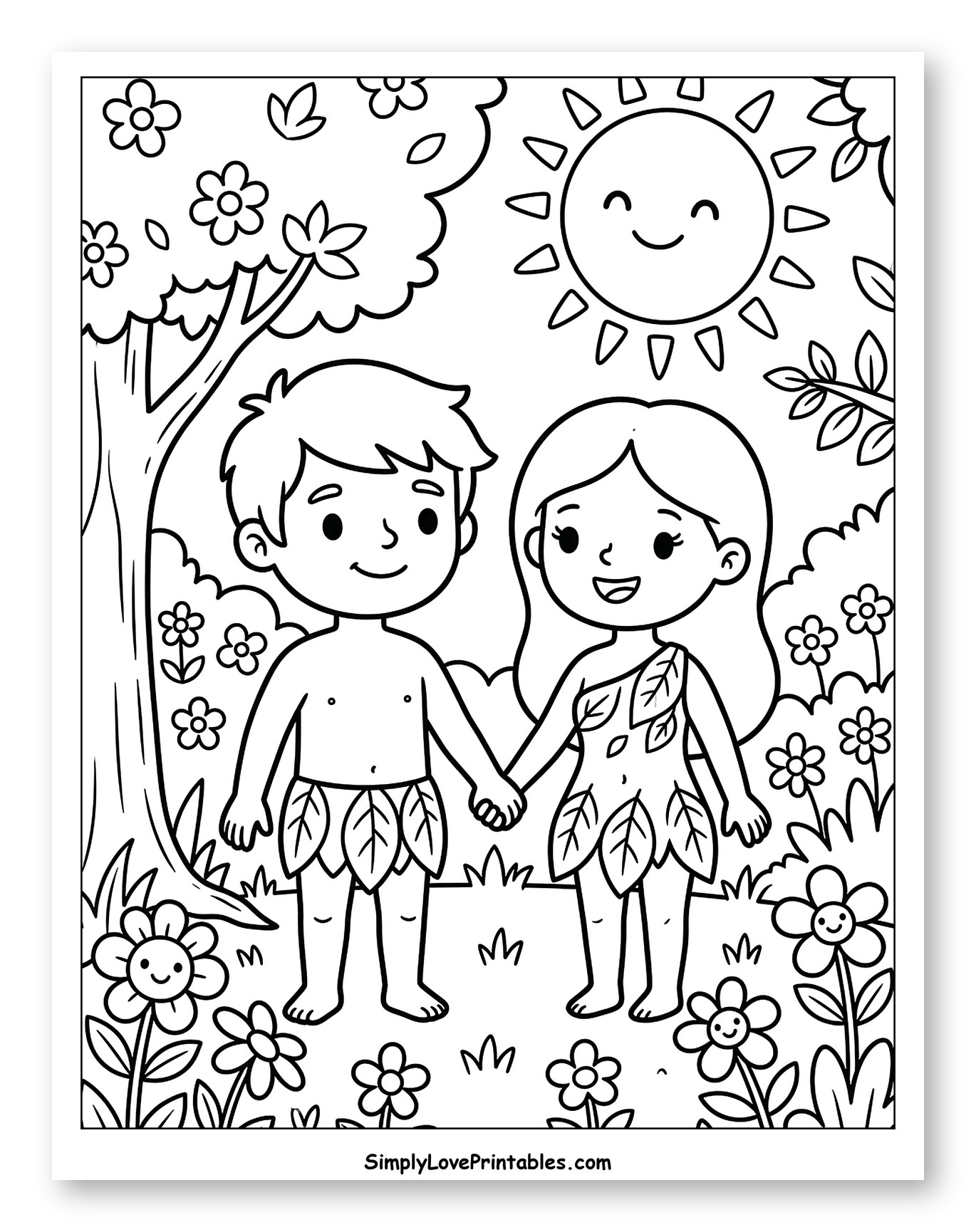 Cute Adam and Eve Holding Hands Coloring Page for Kids