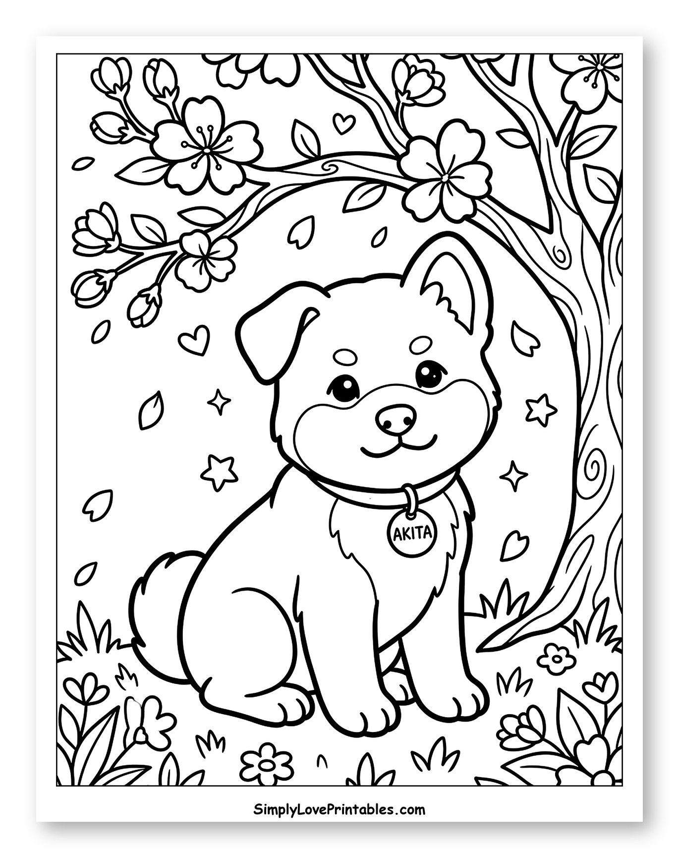 Cute Akita Puppy Under Cherry Blossom Tree