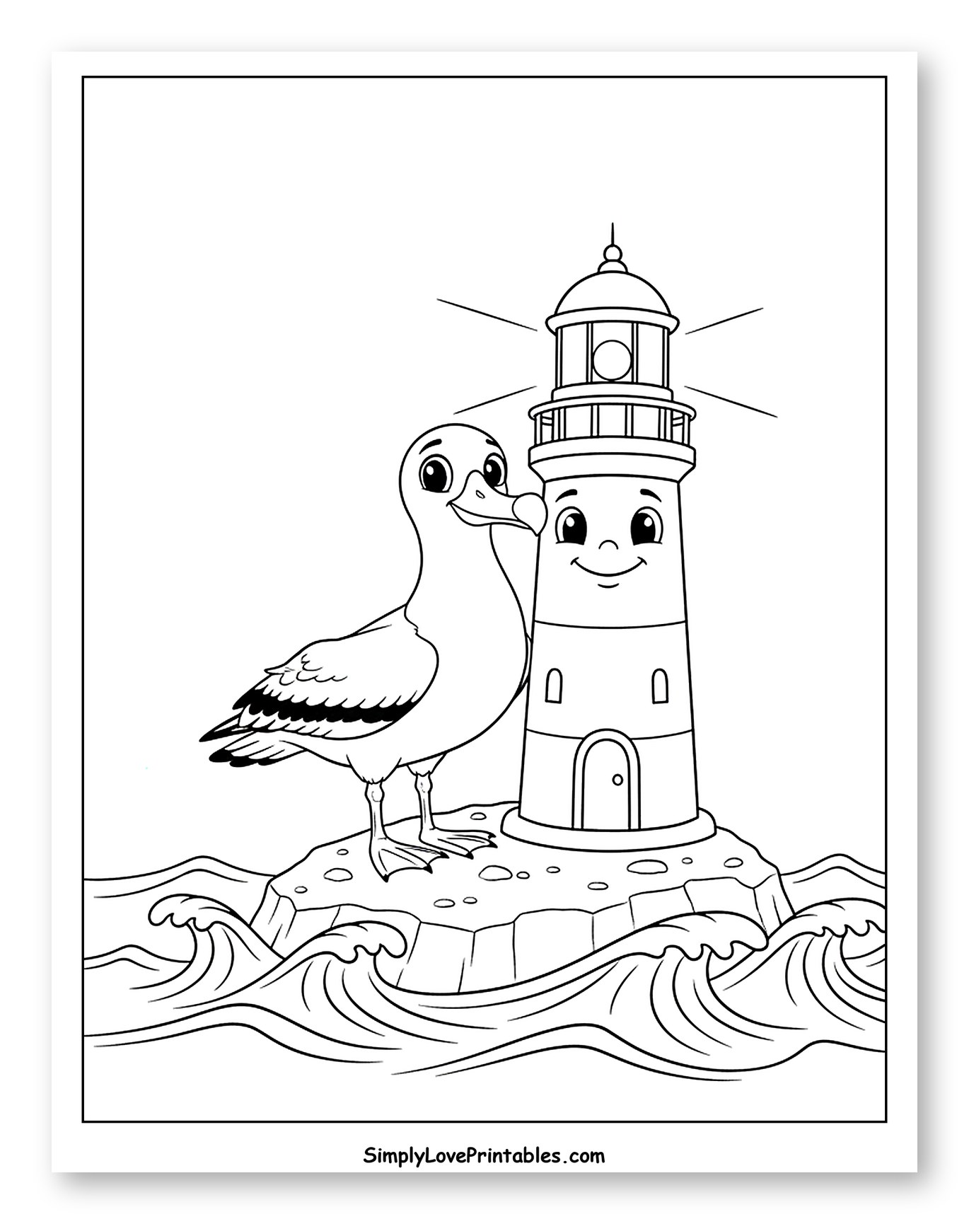 Cute Albatross and Smiling Lighthouse on Rock