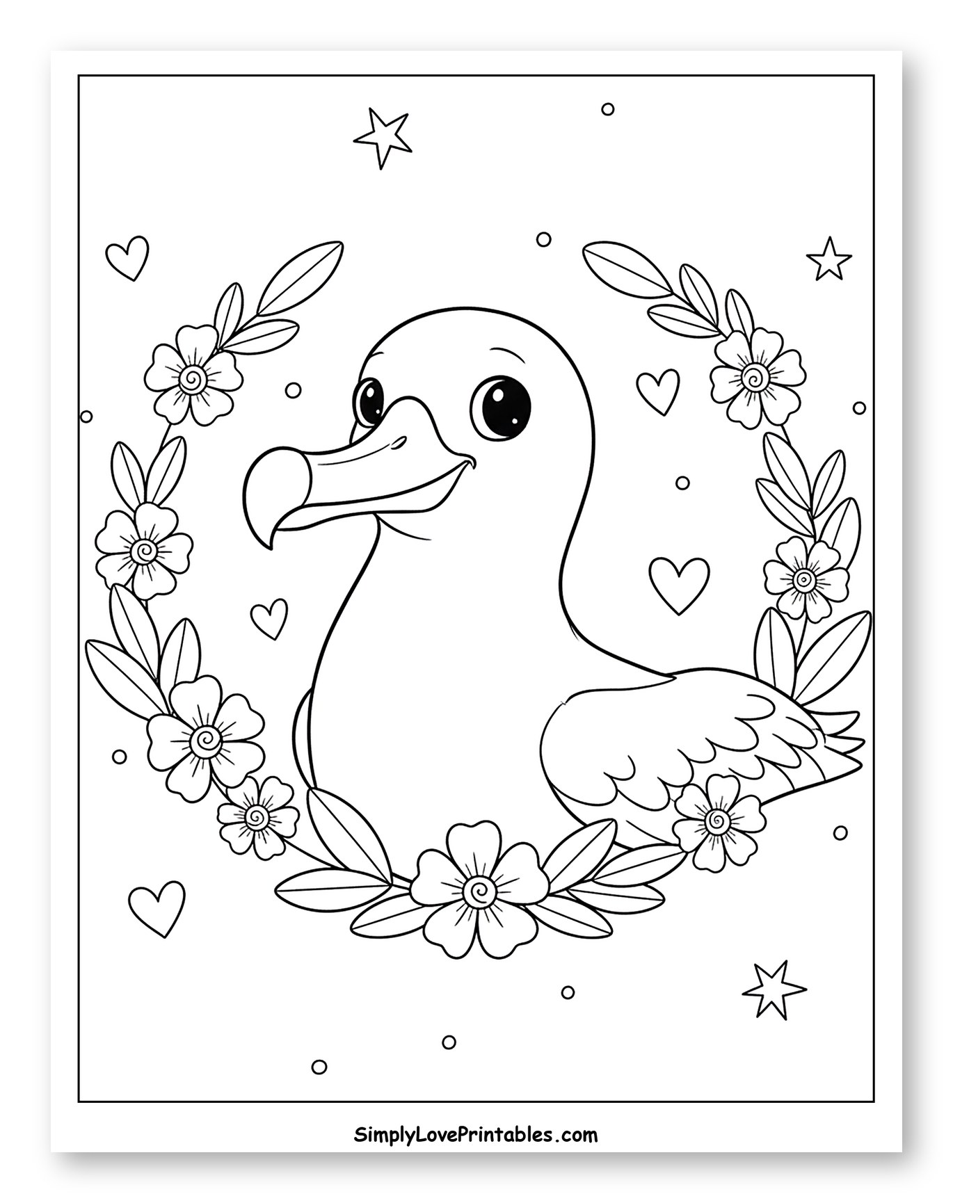 Cute Albatross Chick in Floral Wreath to Color for Adults