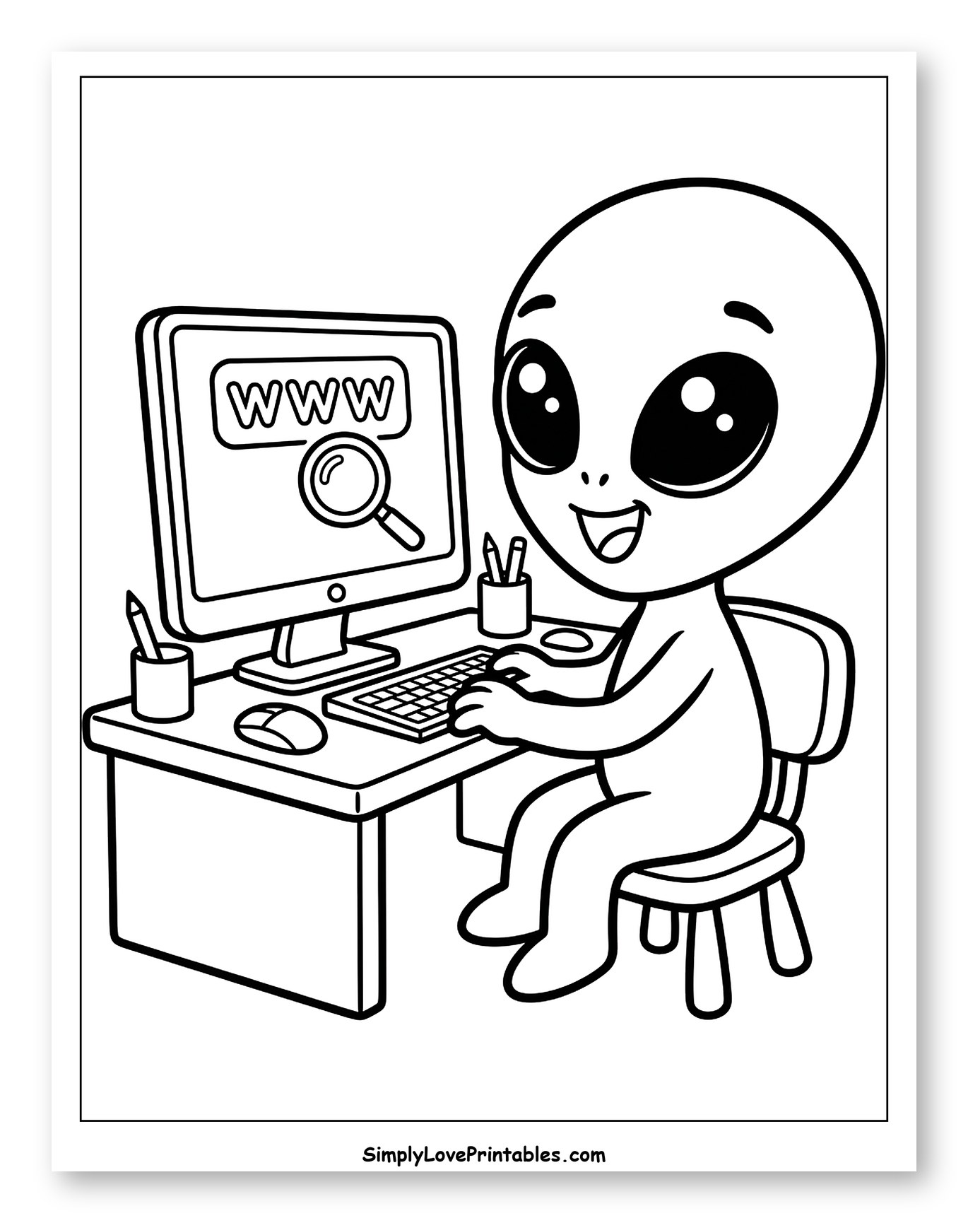 Cute Alien Browsing the Internet on Computer to Color for Kids