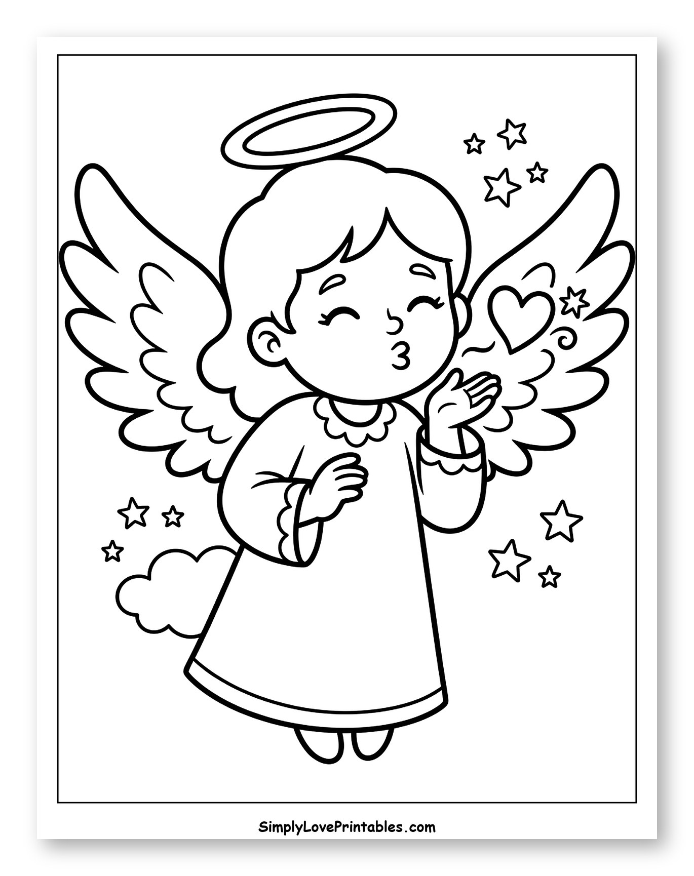 Cute Angel Blowing a Kiss with Stars Coloring Sheet for Toddlers
