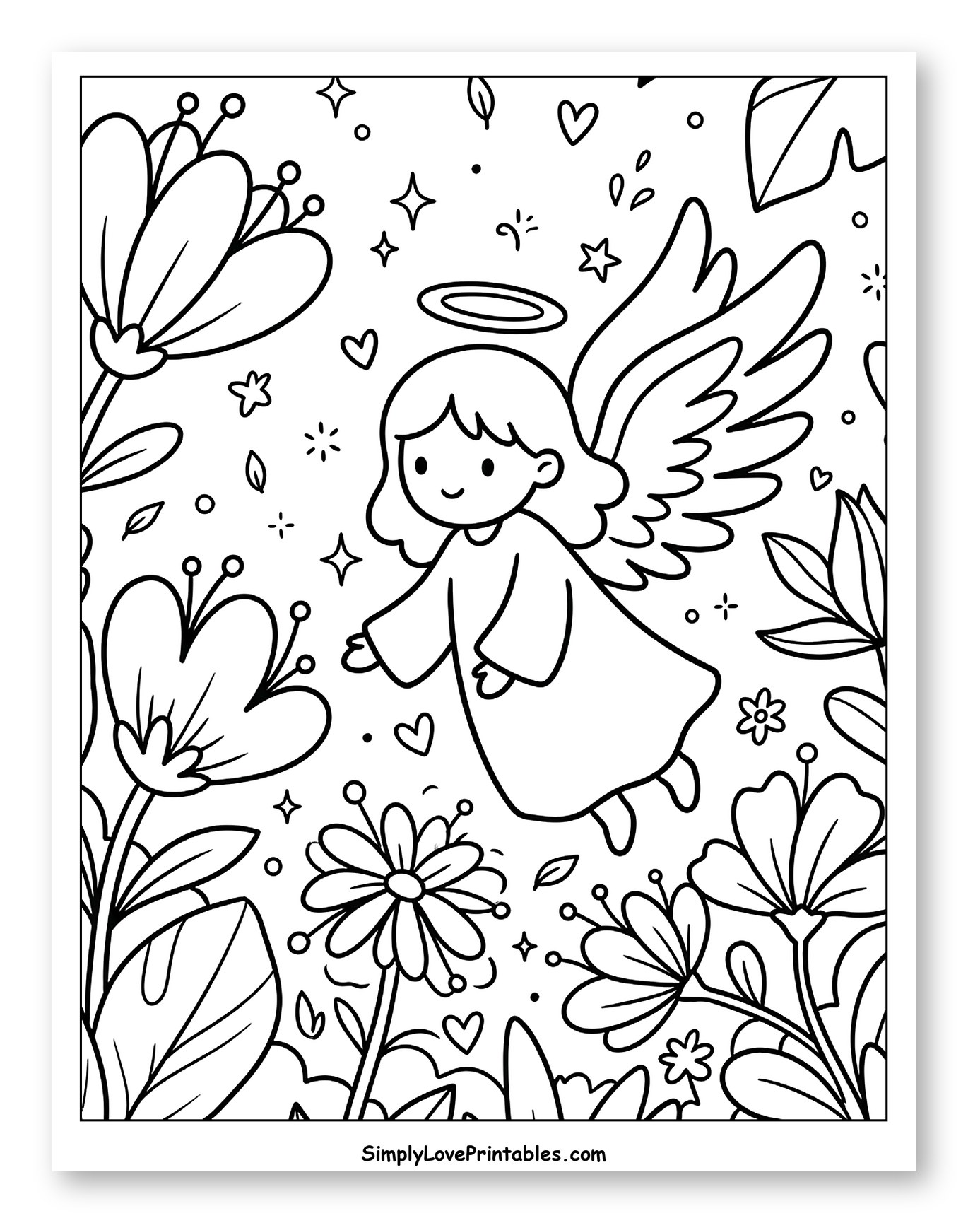 Cute Angel Flying Among Flowers and Stars