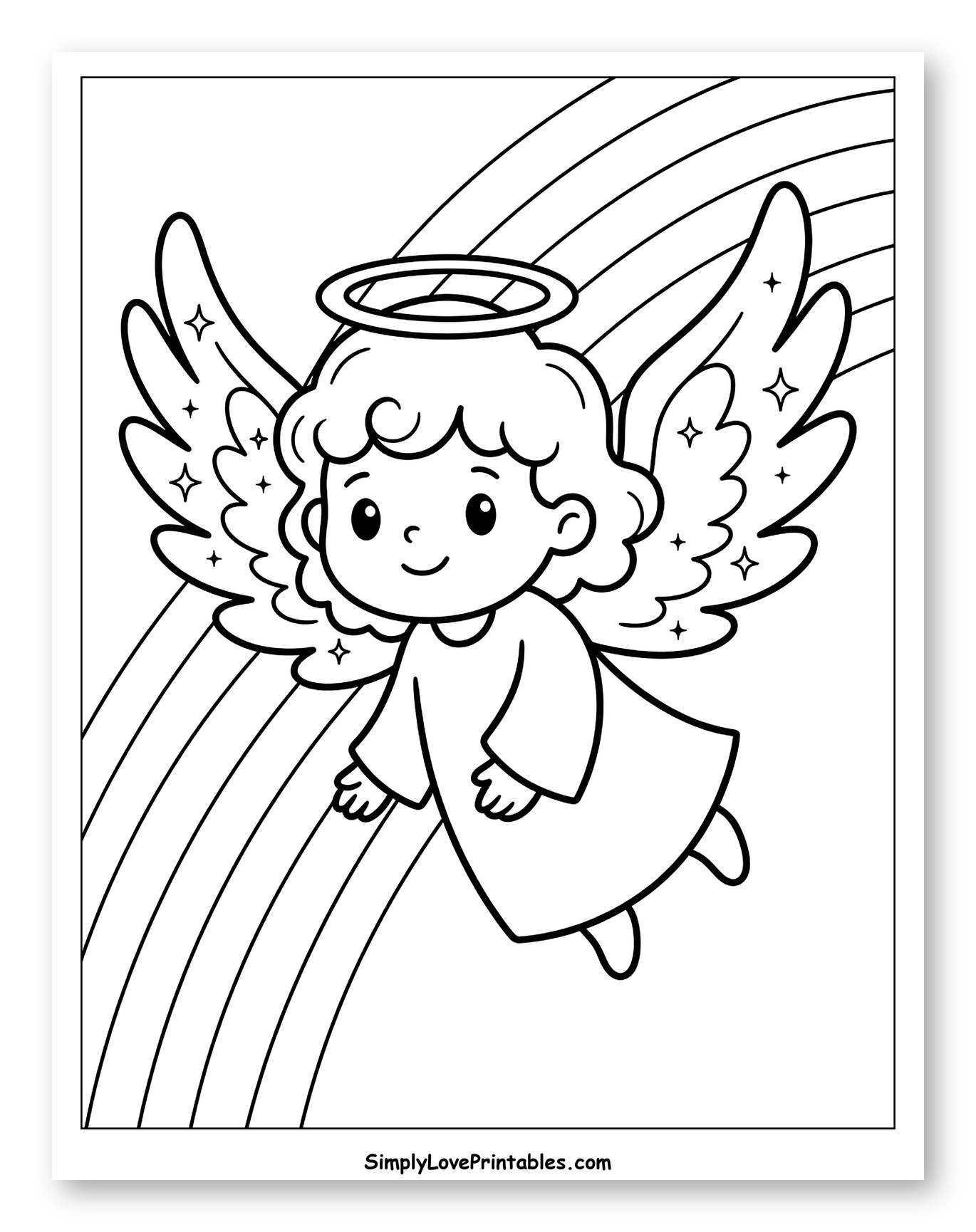 Cute Angel Flying on a Rainbow Coloring Sheet for Kids