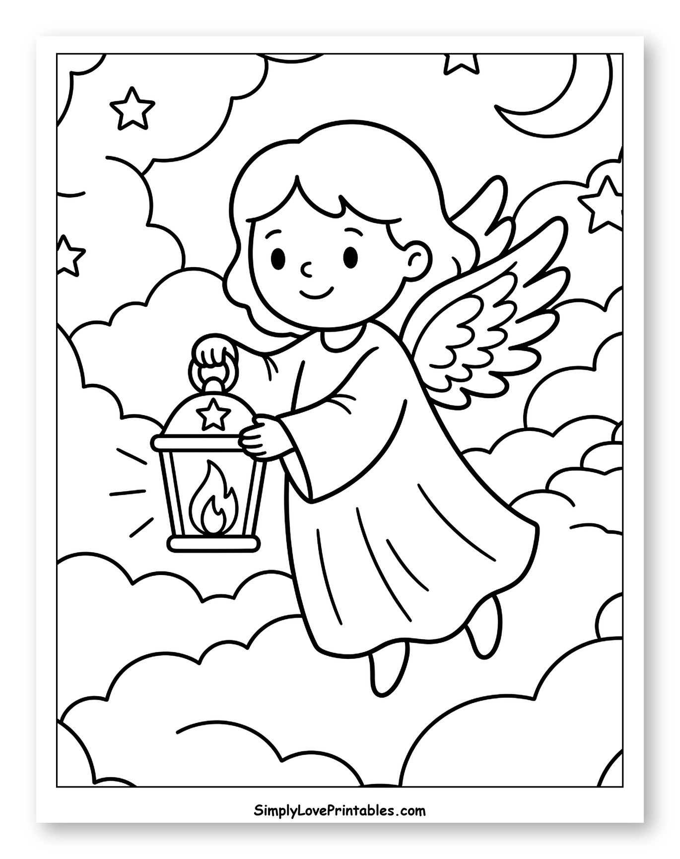 Cute Angel Flying with Lantern Among Clouds