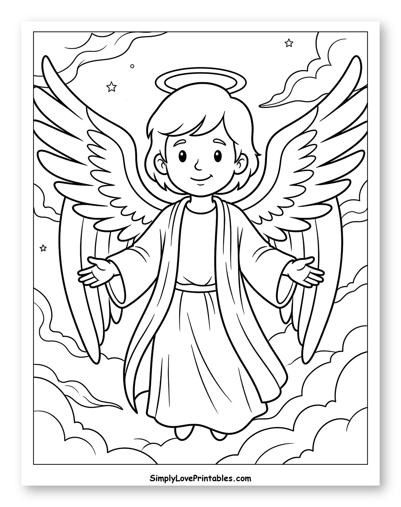 Cute Angel Gabriel Floating on Clouds Coloring Page for Kids
