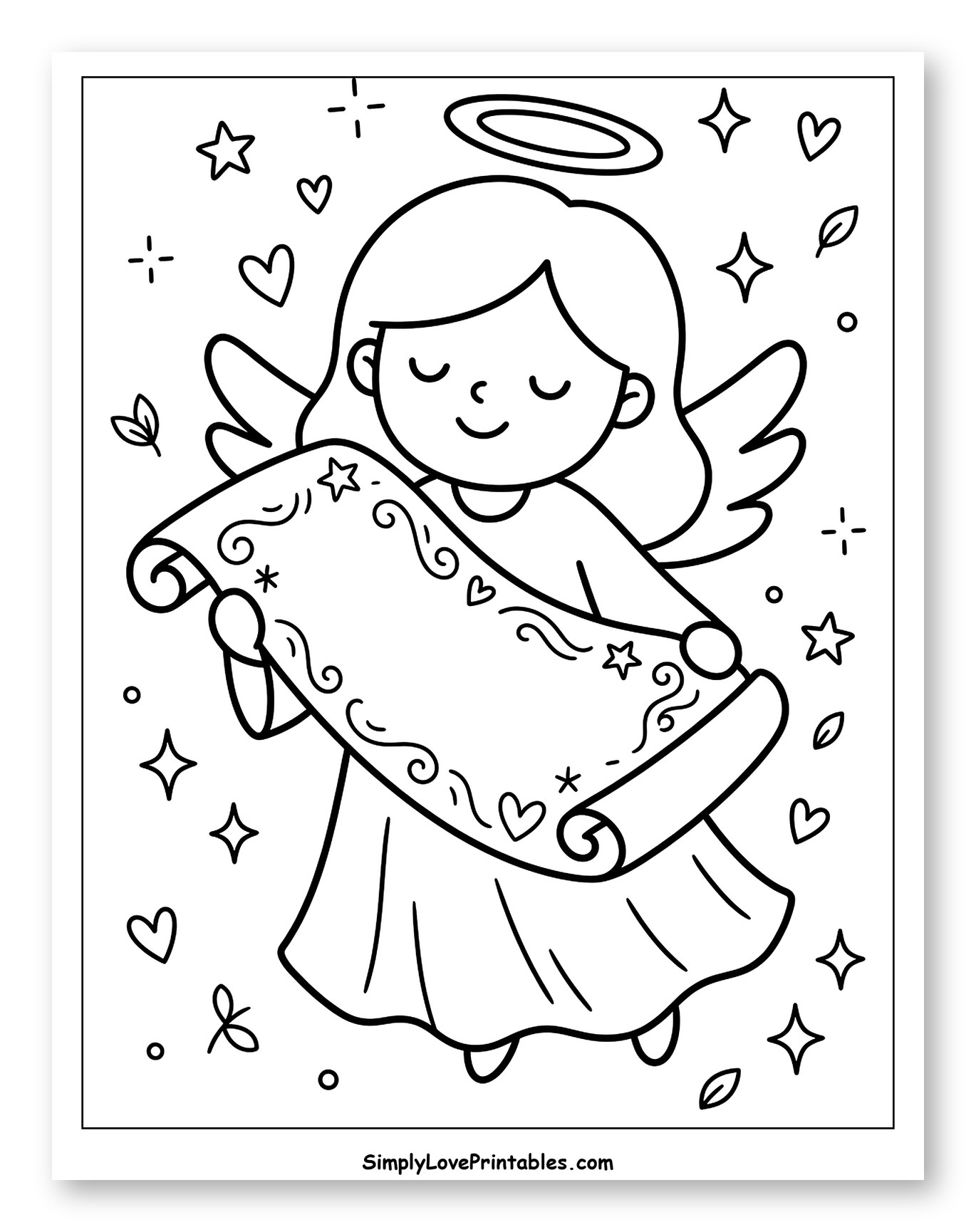 Cute Angel Holding a Decorated Scroll Coloring Page for Adults