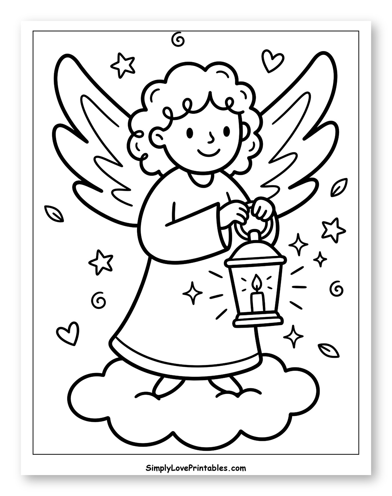Cute Angel Holding a Lantern on a Cloud to Color for Adults