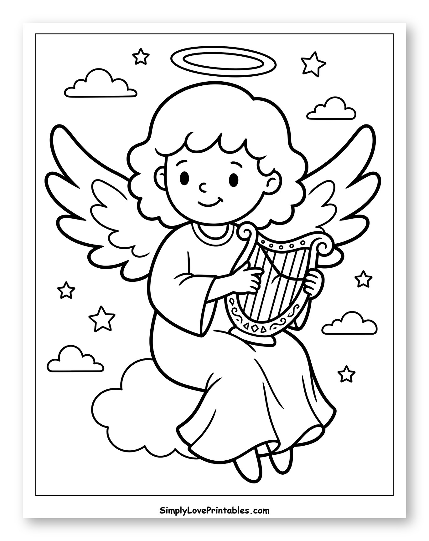 Cute Angel Playing Harp on a Cloud Coloring Sheet for Toddlers