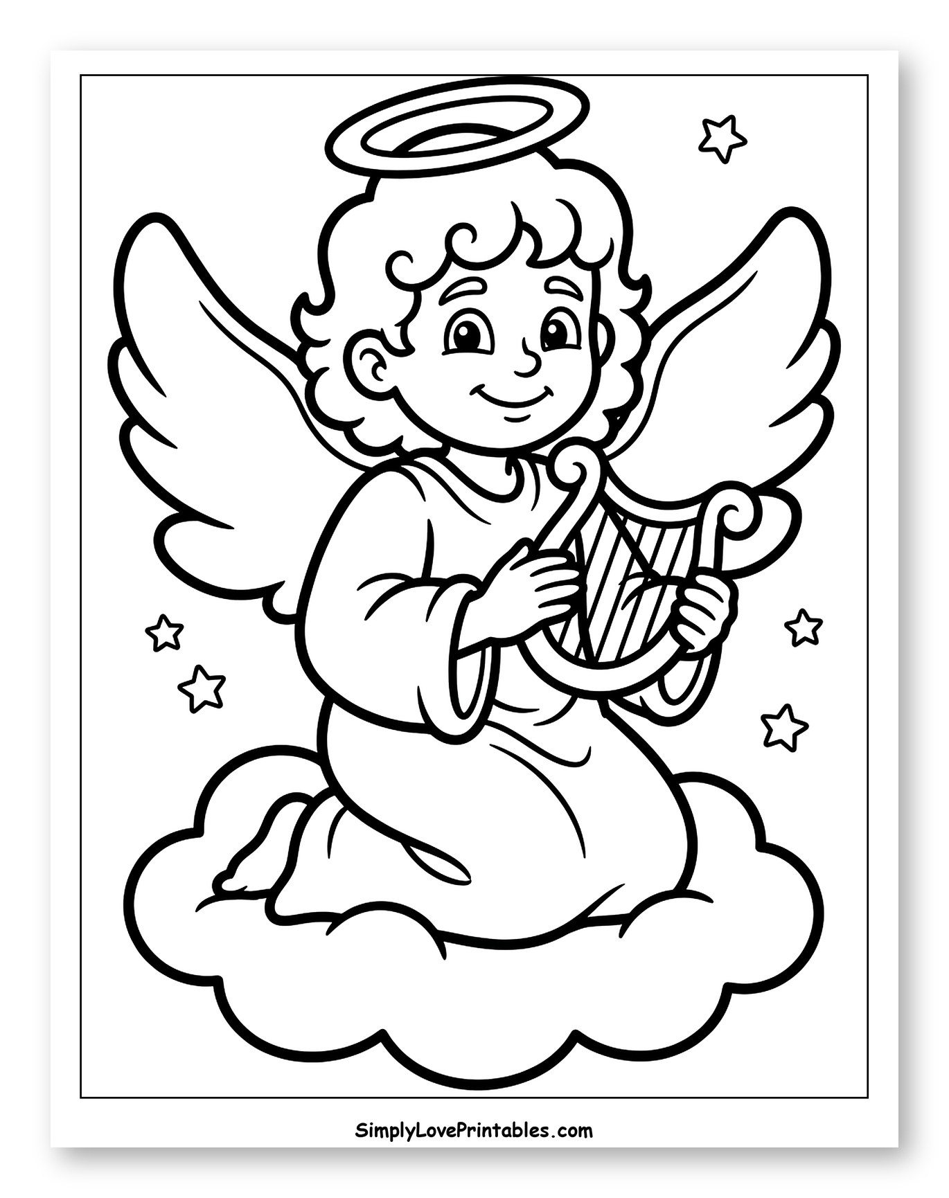 Cute Angel Playing Harp on Cloud with Stars