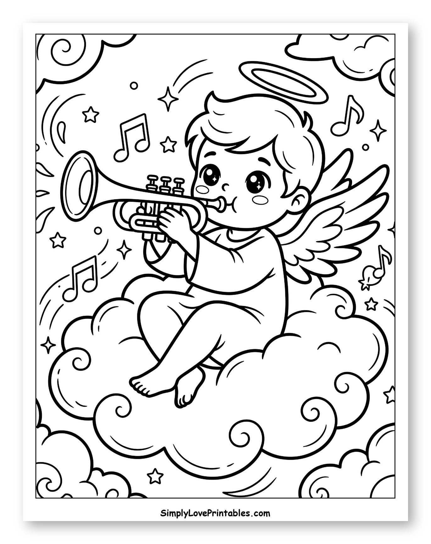 Cute Angel Playing Trumpet on Cloud