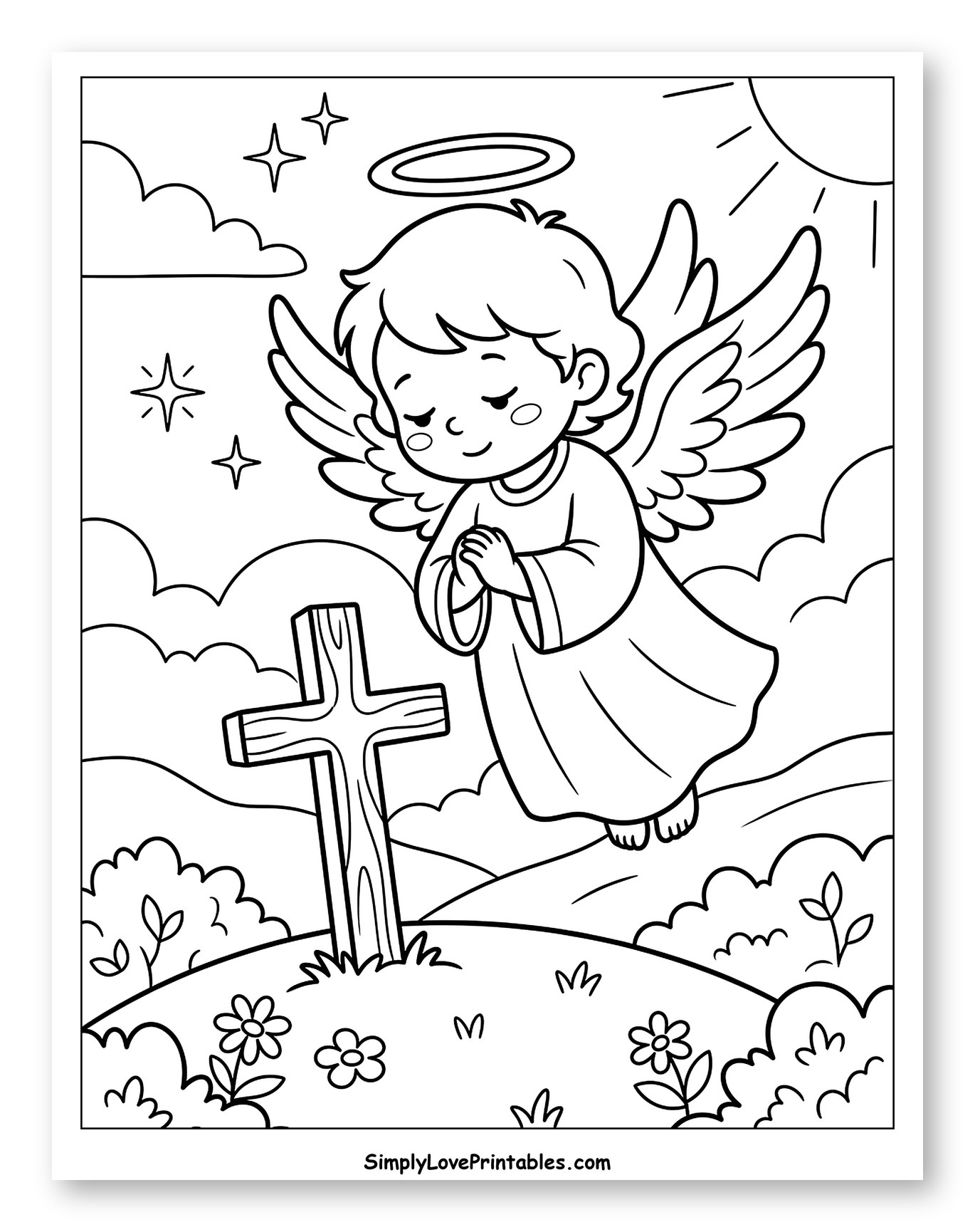 Cute Angel Praying by a Cross