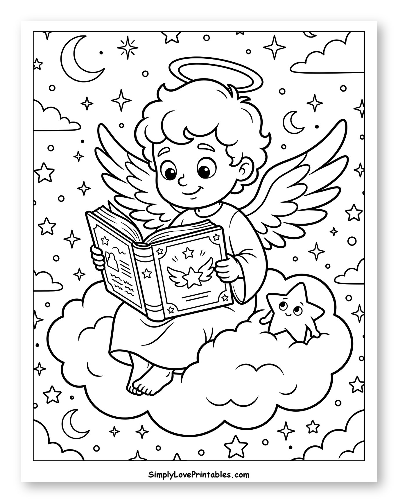 Cute Angel Reading Book on Cloud