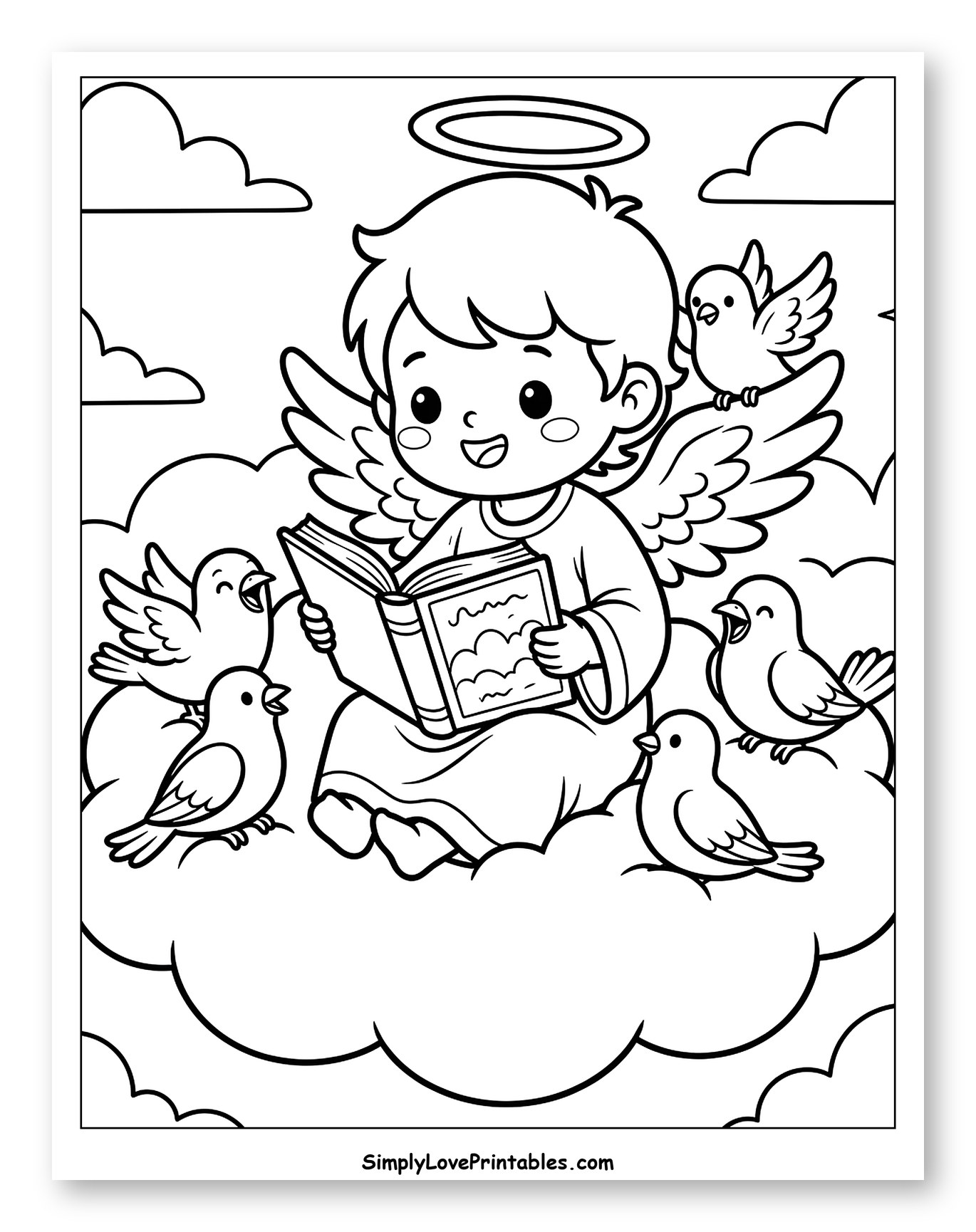 Cute Angel Reading Book with Birds
