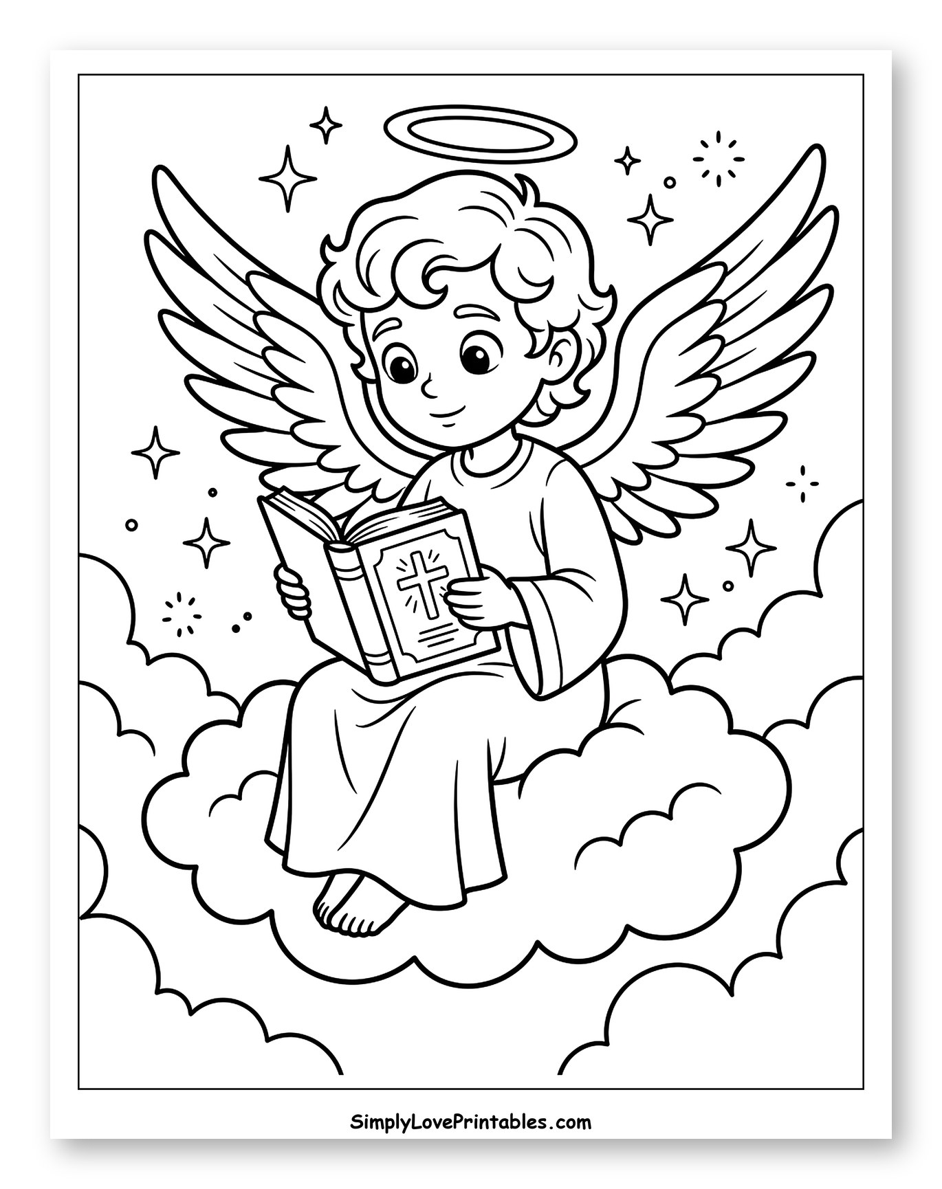 Cute Angel Reading Holy Book on Clouds