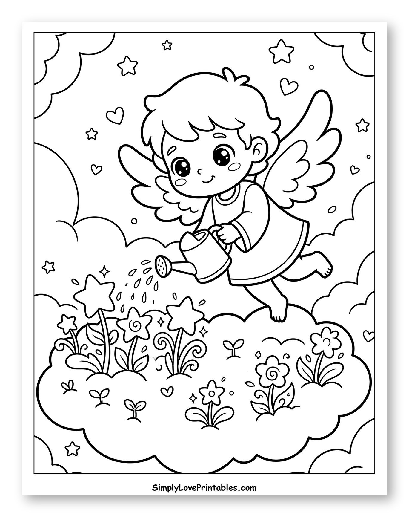 Cute Angel Watering Cloud Flower Garden to Color for Kids