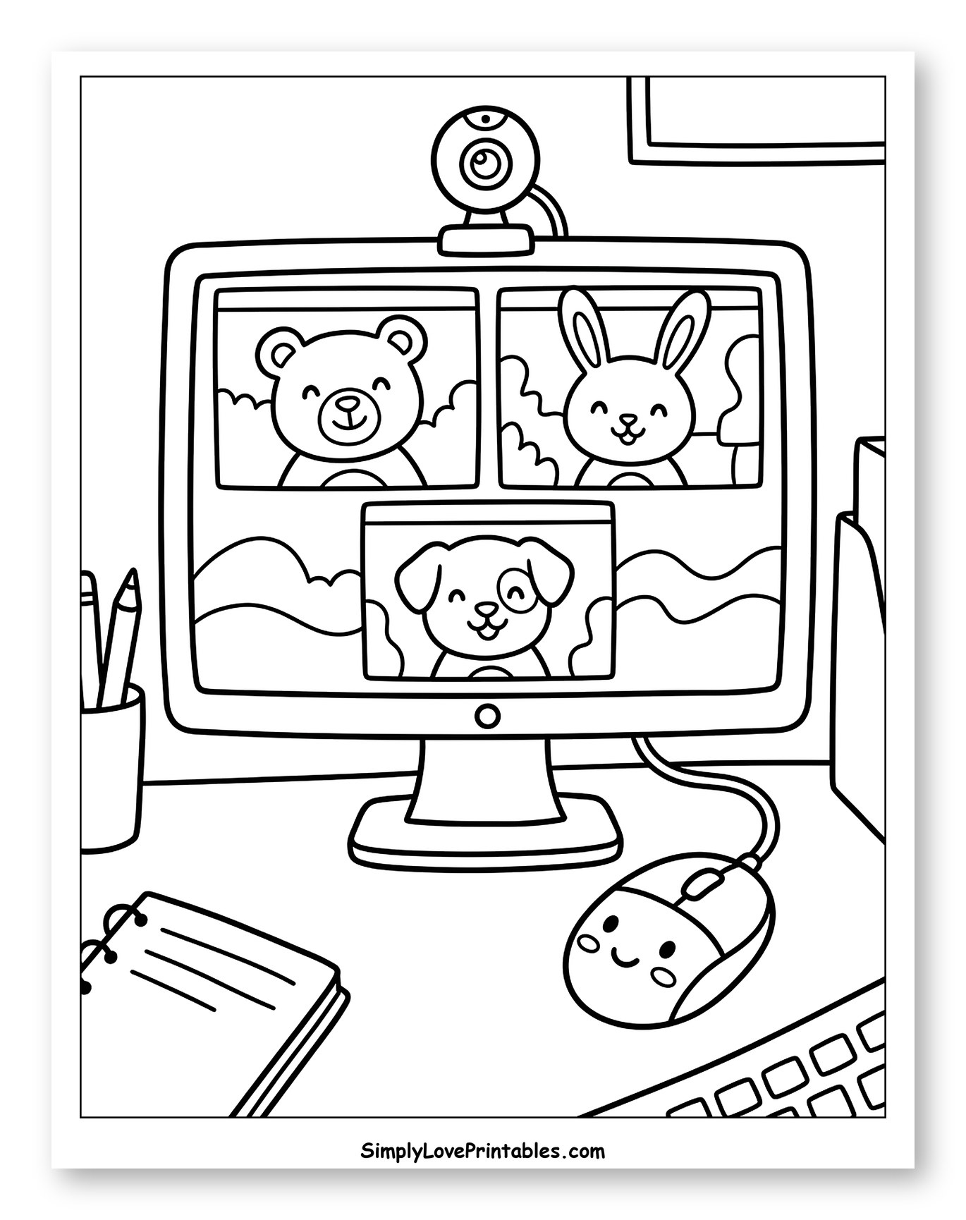 Cute Animal Friends on a Video Call Coloring Page for Kids