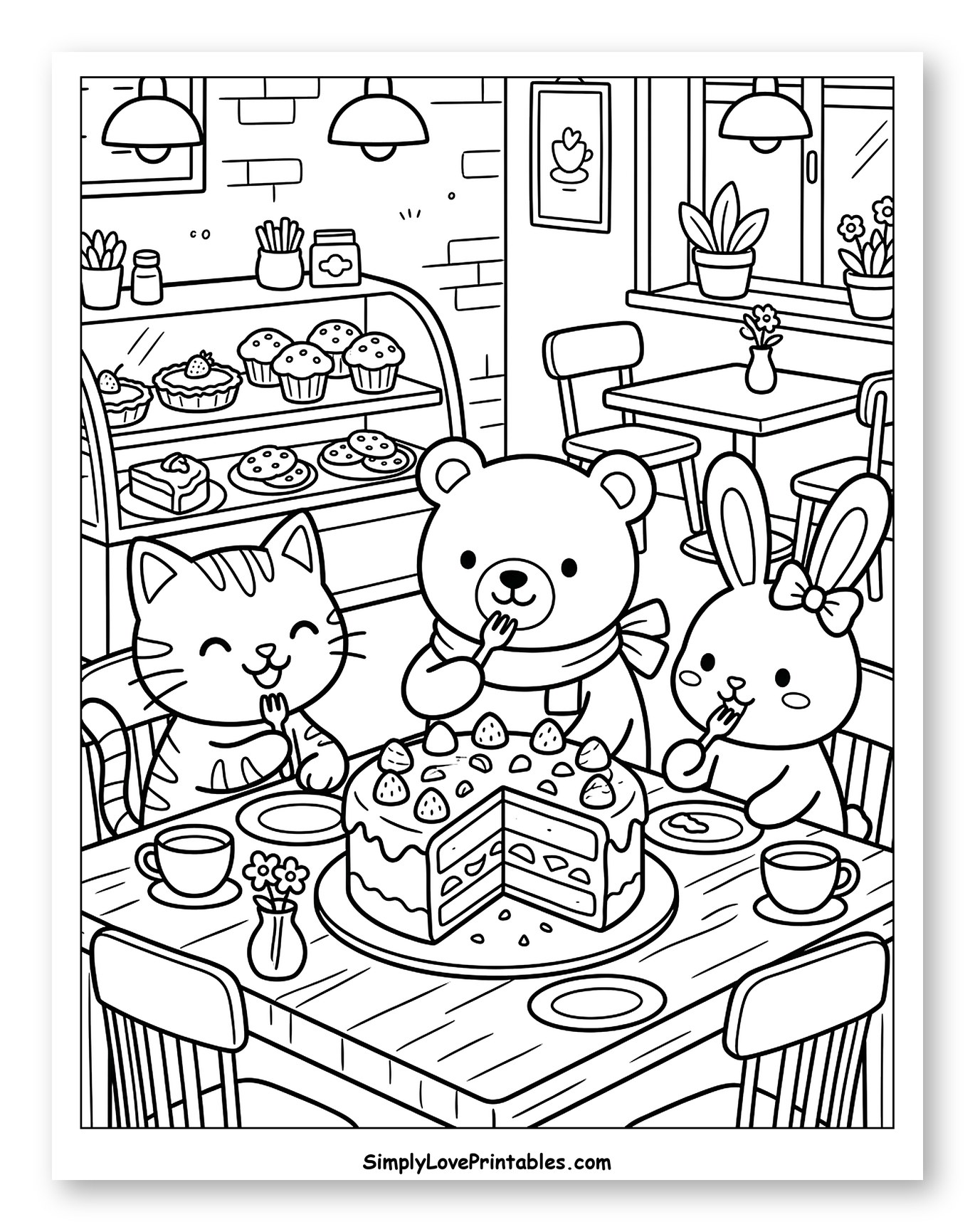 Cute Animals Enjoying Cake in a Cafe to Color for Kids