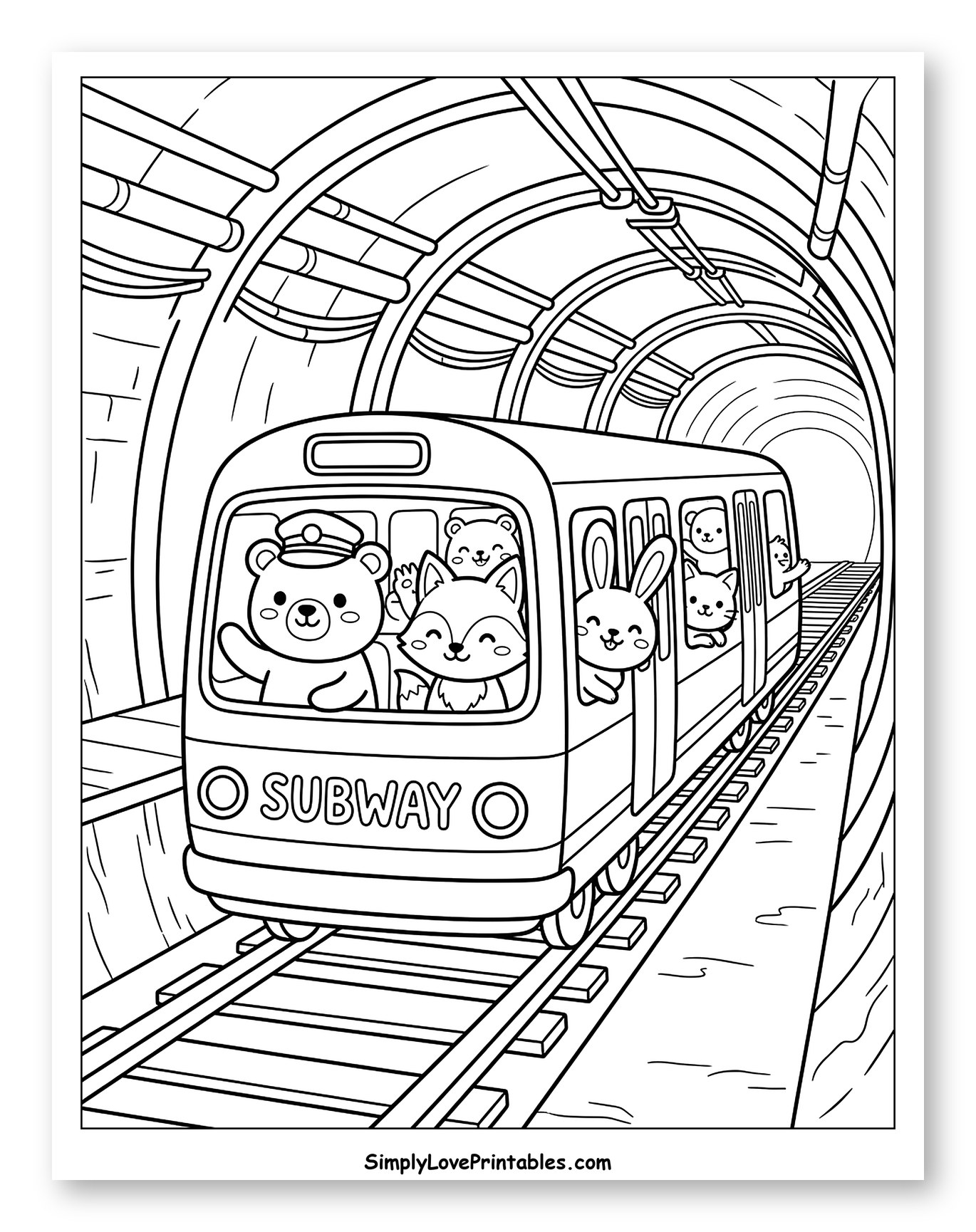 Cute Animals Riding Subway Train in Tunnel to Color for Kids