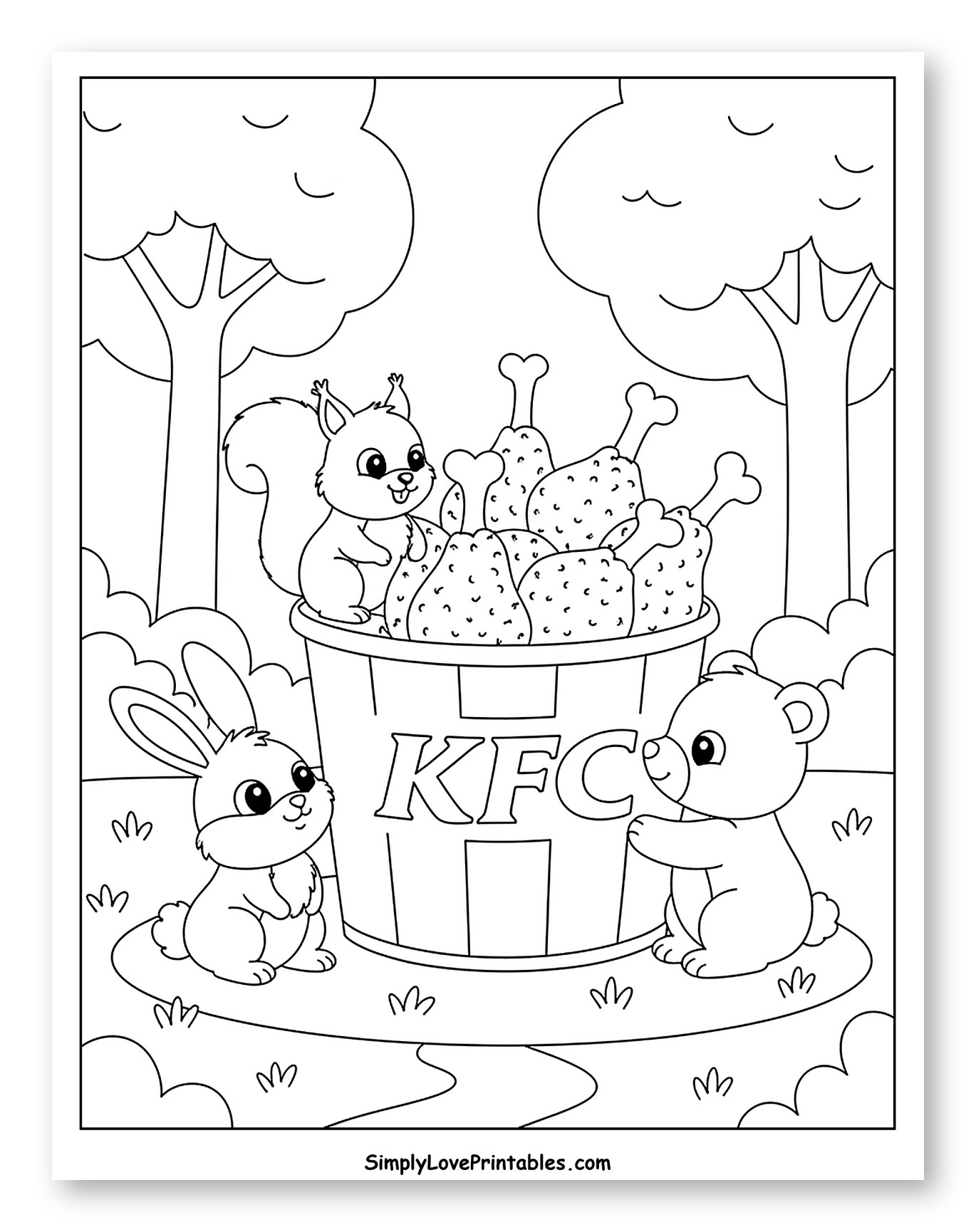 Cute Animals Sharing a Big KFC Bucket to Color for Kids