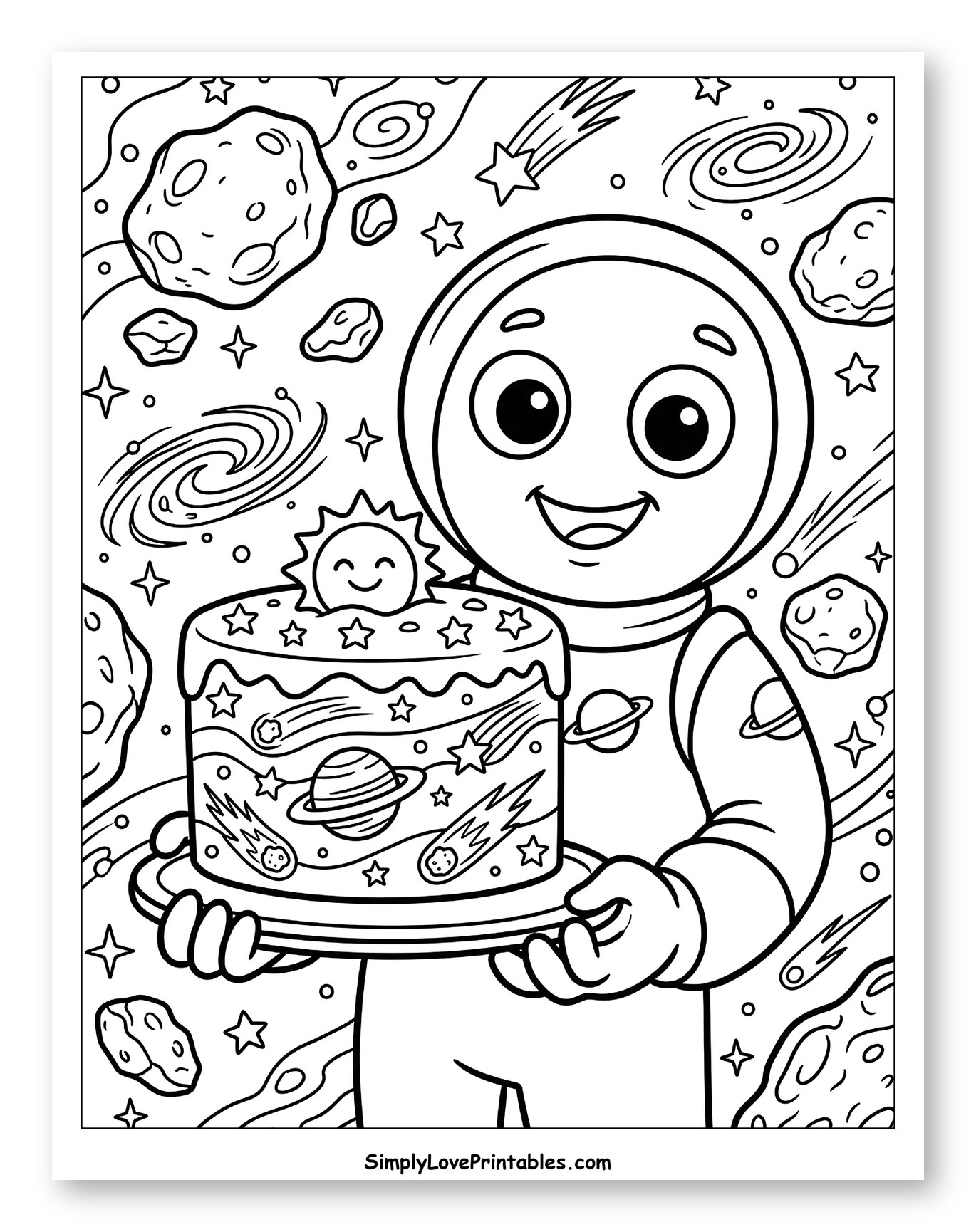 Cute Astronaut Holding a Space Cake Coloring Page for Kids