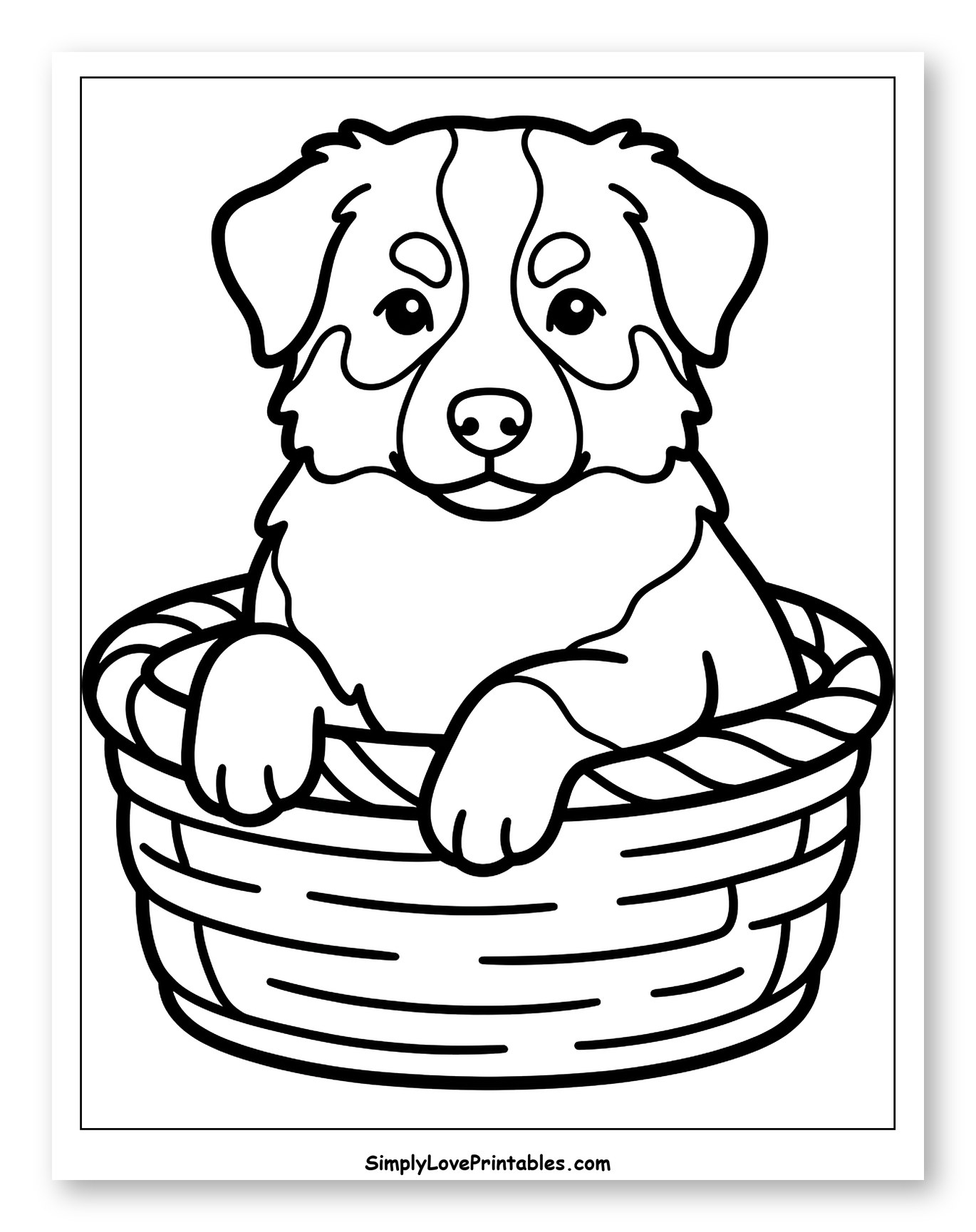 Cute Australian Shepherd Puppy in a Basket Coloring Page for Toddlers