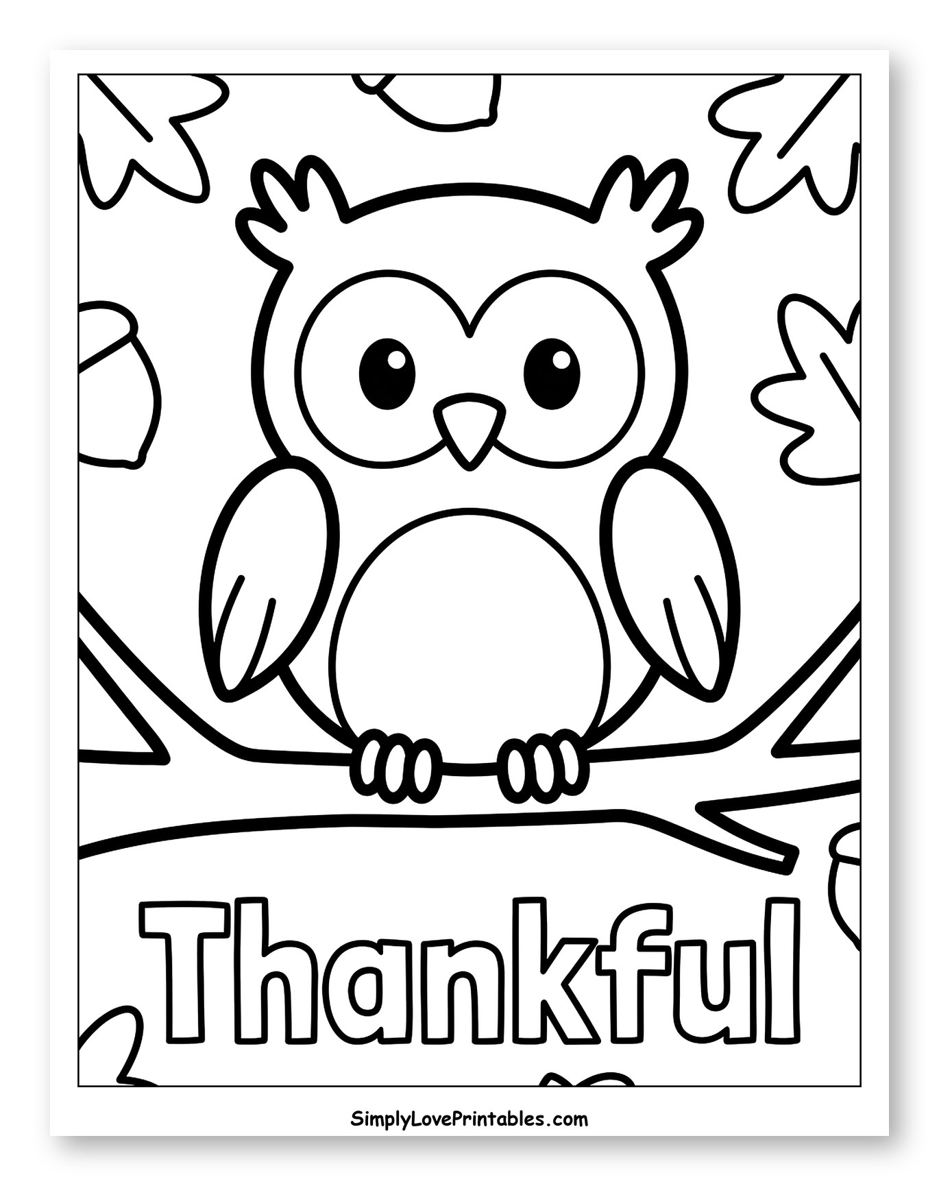 Cute Autumn Owl Perched on a Thankful Branch Coloring Sheet for Toddlers
