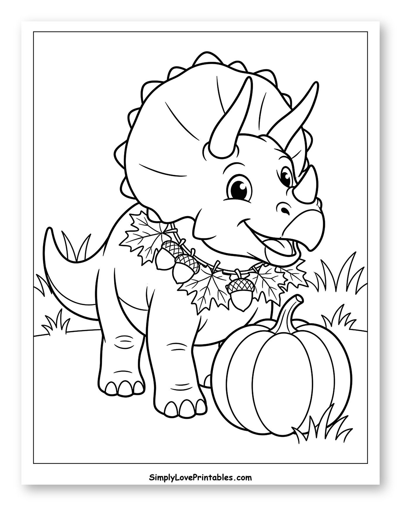 Cute Autumn Triceratops with Pumpkin and Leaf Garland