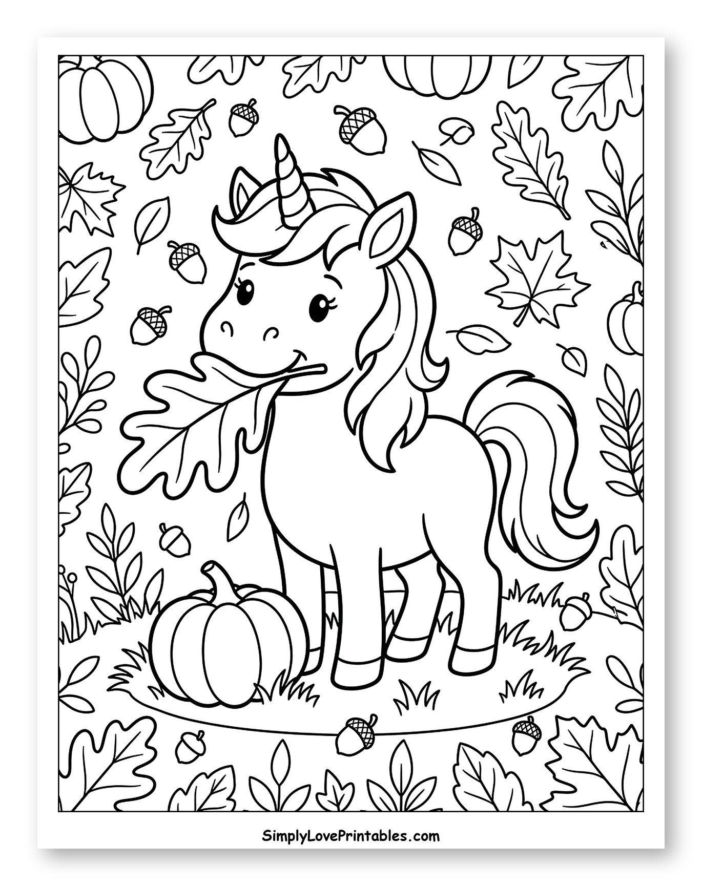 Cute Autumn Unicorn with Pumpkin and Leaves