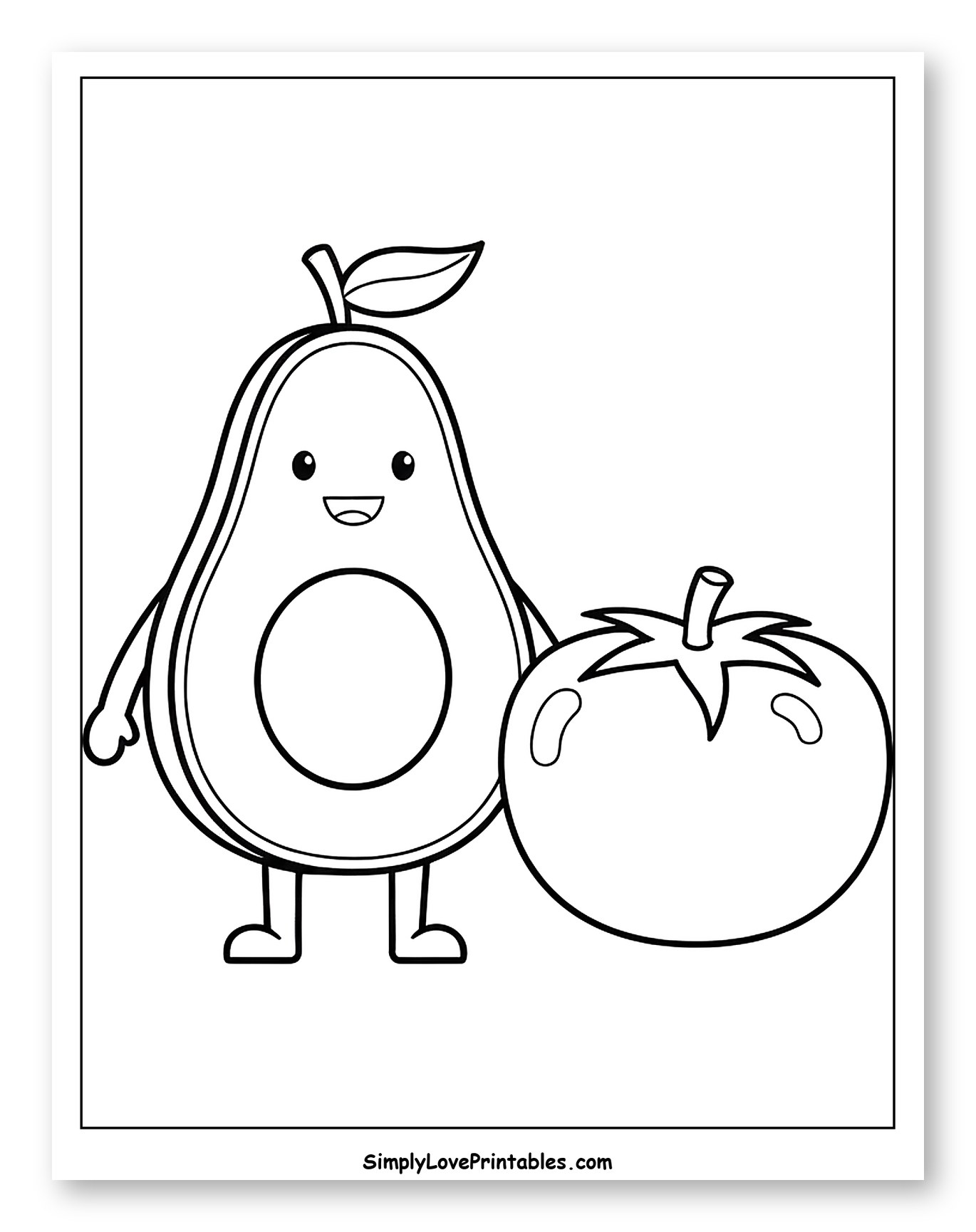 Cute Avocado and Tomato Characters to Color for Toddlers