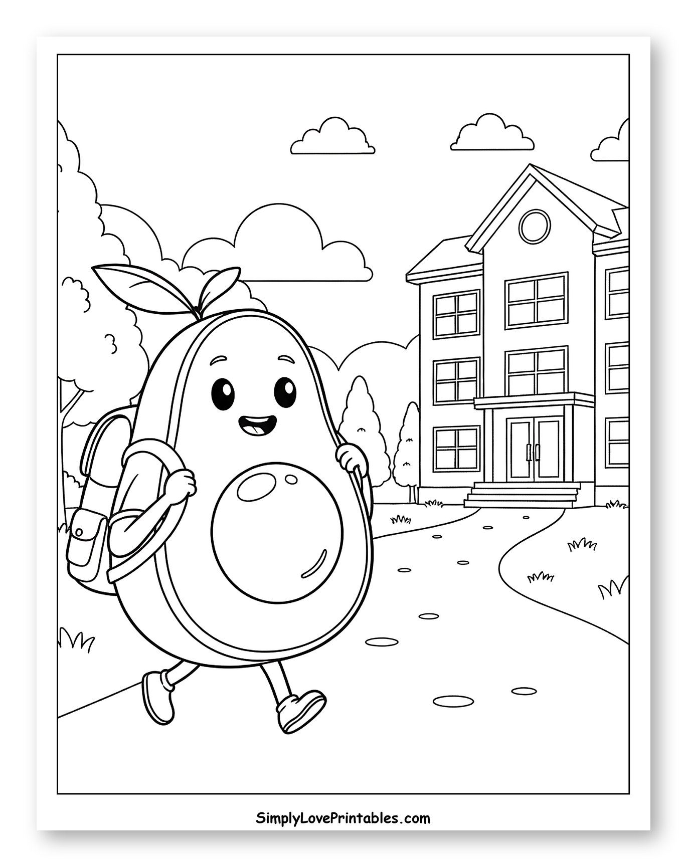 Cute Avocado Character Walking to School Coloring Sheet for Kids