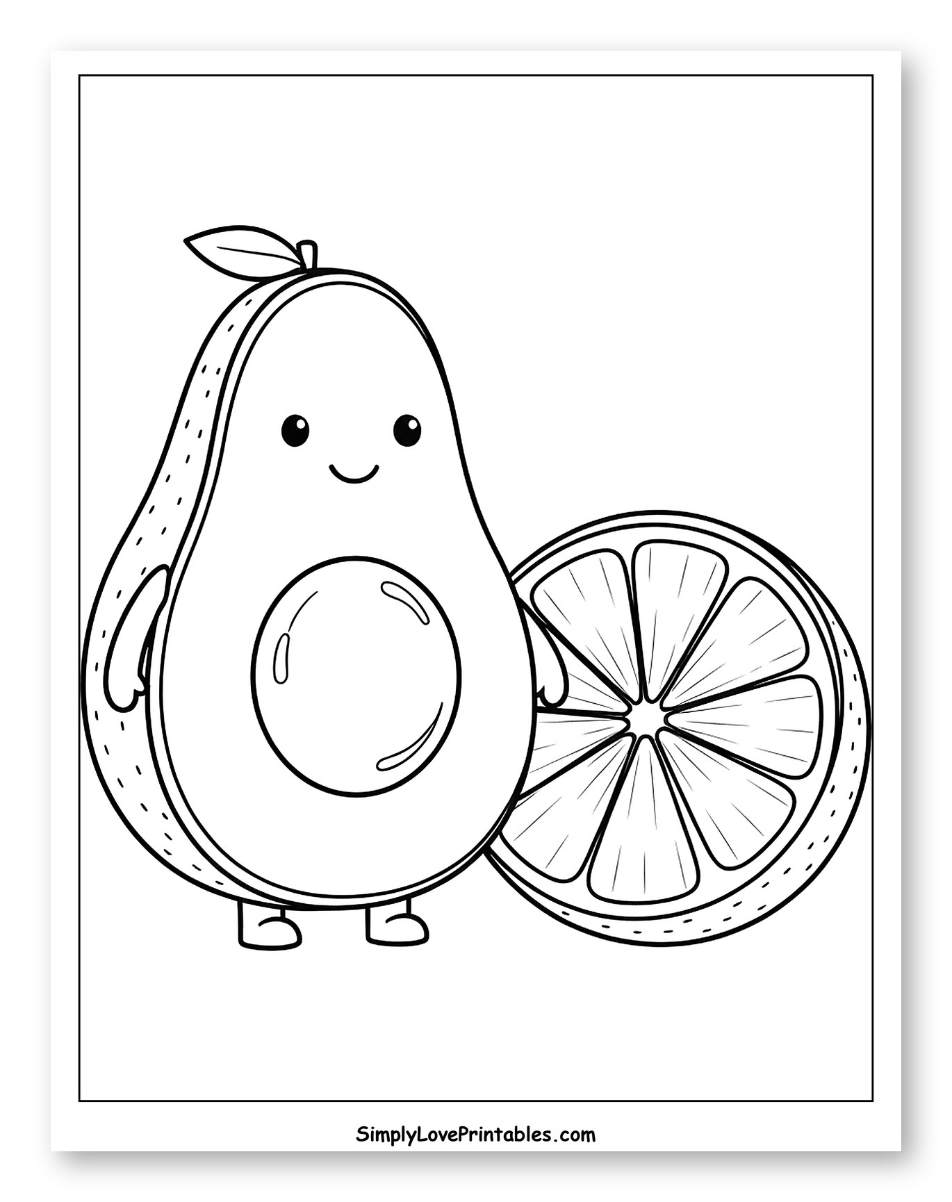 Cute Avocado Character with Citrus Slice Coloring Page for Toddlers