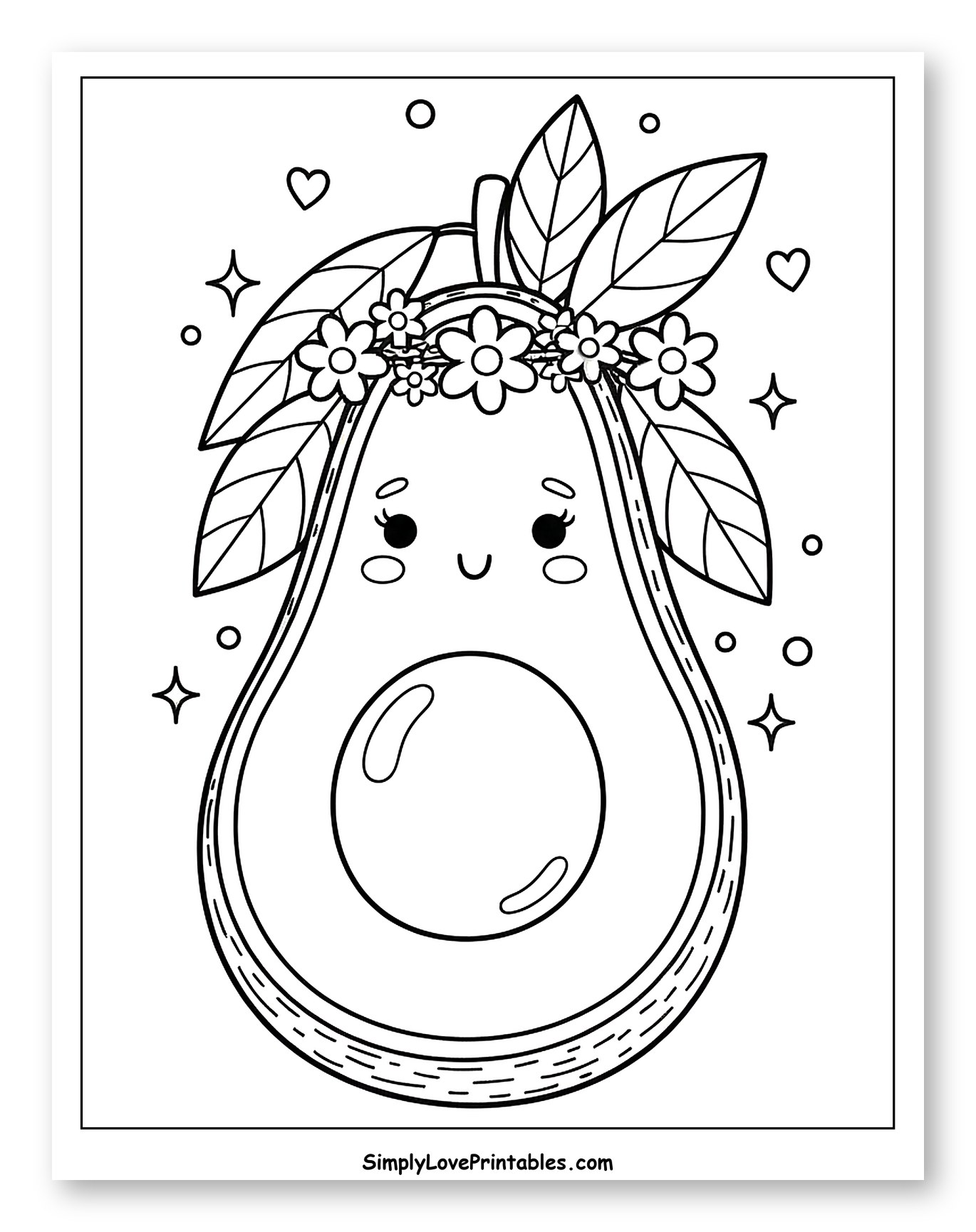 Cute Avocado Wearing a Floral Crown to Color for Adults