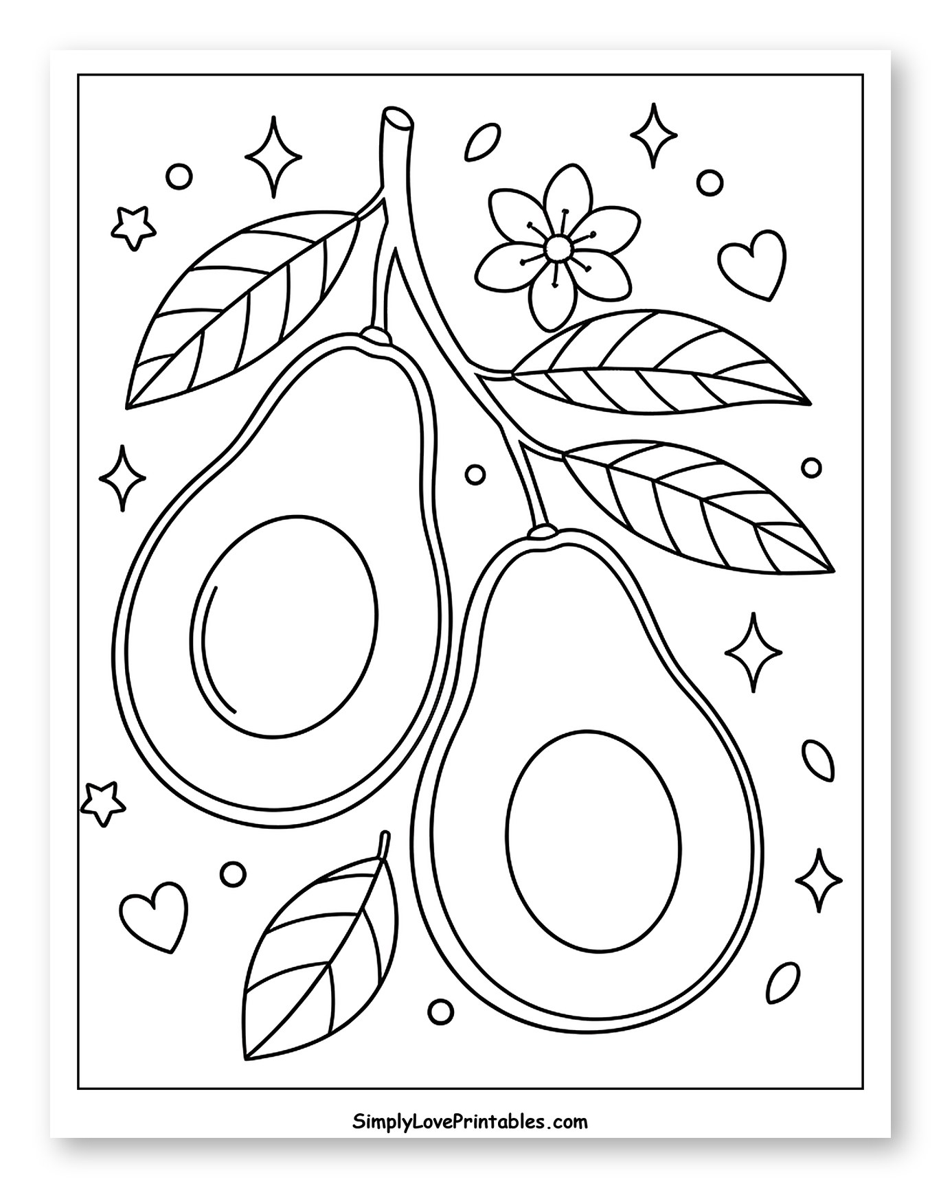 Cute Avocados and Leaves with Stars and Hearts Coloring Sheet for Adults